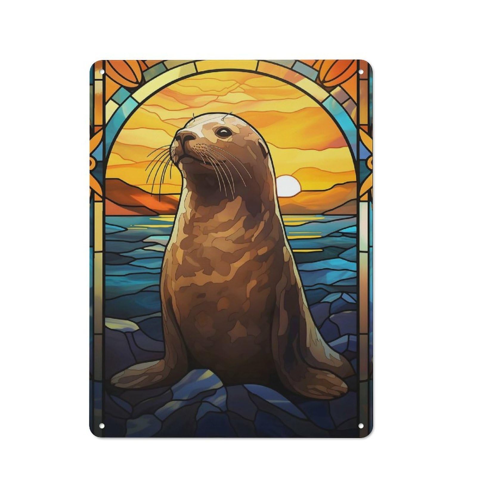 Junmoney Seal Stained Glass Tin Wall Plaque 40X30cm, Rustic Farmhouse Wall Decor For Dining Room, Cafe, Entryway Or Family Room