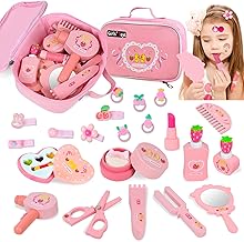 Wooden Girl Makeup Set, Girl Makeup Kit, with Adhesive Tattoos and Elastic Rubbers, Strawberry Cosmetic Bag, Beauty Makeup Children Role Play for Girls 3 4 5 6 7 Years Old