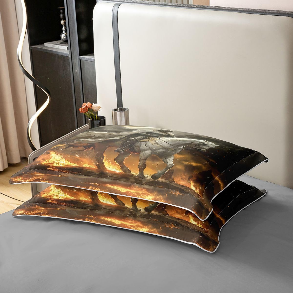 Homewish Knight - Juego de ropa de cama tamaño Super King con 2 fundas de almohada, funda de edredón de algodón de caballo medieval, funda de edredón vintage metálica, juego de cama moderno y estético