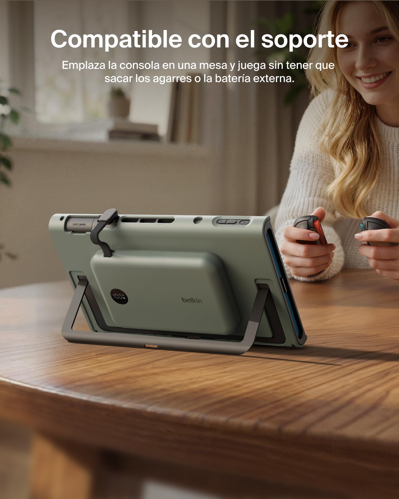 Belkin Gaming Agarres con Batería Externa 10000mAh Nintendo Switch 2 -Verde | Power Bank Magnético Extraíble 10000 mAh, 30W, Compatible con el Soporte, Empuñaduras Ergonómicas Antideslizantes y Pantalla