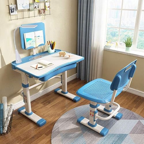 LVYUAN Juego de escritorio y silla para niños de altura ajustable amplio cajón de almacenamiento con escritorio inclinado ajustable soporte para