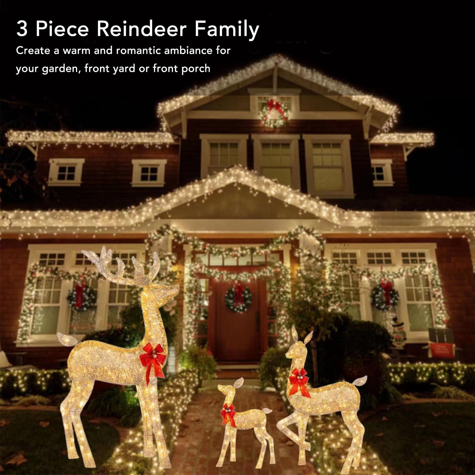Bewinner LED Weihnachtsdekoration Rentier Deko 3er Set - Beleuchtete Rattan Weihnachtsbeleuchtung für Außen und Hof mit warmweißen Lichtern
