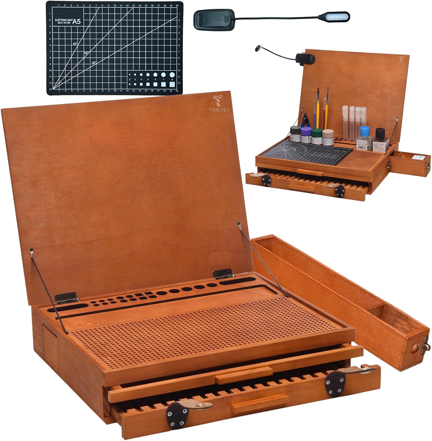 Portable Model Building Workbench Wooden Model Station with LED Light & Cutting Mat Model Kit Tool for Building Model and Miniatures Folding Worktable Model Pieces Shelves