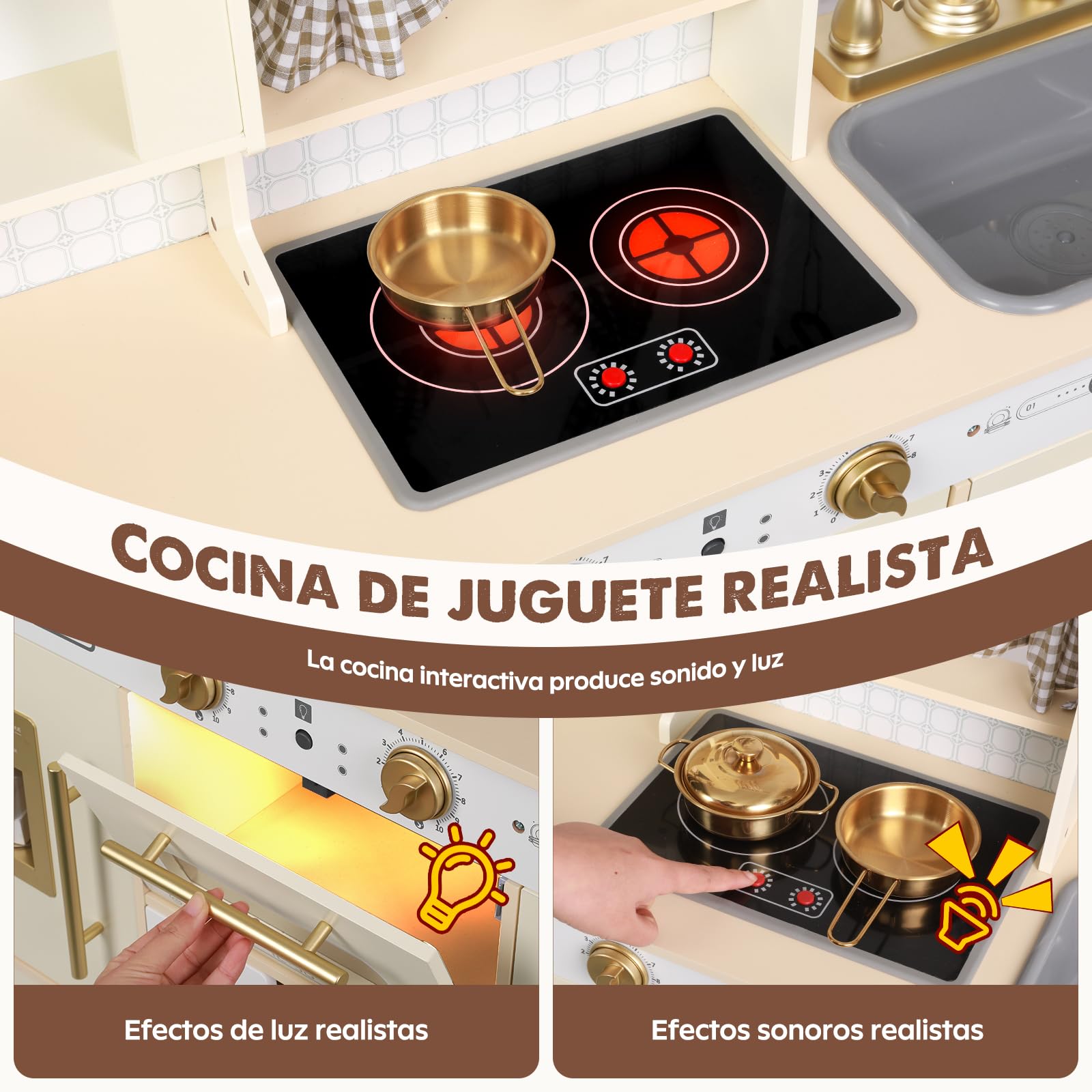EDUBEBO Juego de Cocina para niños, Cocina de Madera Ajustable, Viene con Varios Accesorios de Cocina, Regalo Ideal para niños de 3 a 8 años (Blanco)