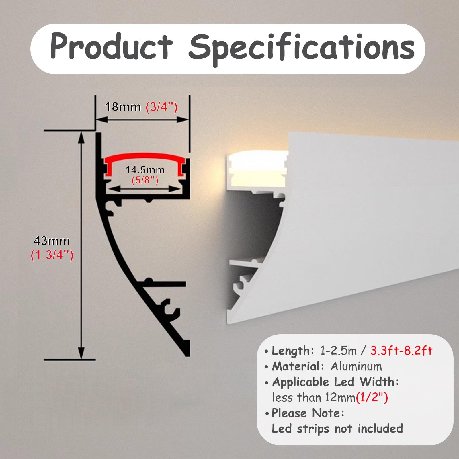 Profili per Strisce Led Canale di Illuminazione Indireatta a Led Modanatura a Corona, Profilo Diffusore Striscia Led per Battiscopa, Fessura per Battiscopa per Strisce Led Decorative(1.7m/5.6ft)