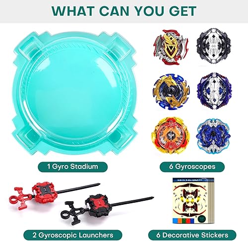 Miniatura 6 de COCOFOX Battling Top Burst Conjunto de Juguetes - Juego completo de batalla con estadio, 6 trompos de batalla y 2 lanzadores, juguetes para niños y