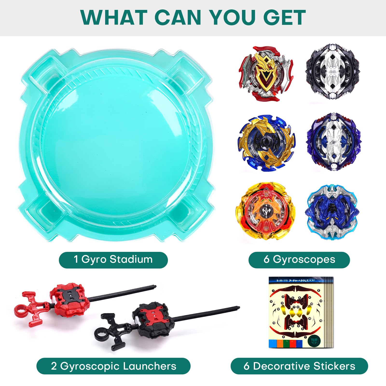 Conjunto de Juego de Top de Batalla, Juego Completo con Estadio, 6 Tops de Batalla y 2 Lanzadores, Juguetes para Niños y Niñas de 6 Años en Adelante (Exclusivo de Amazon) - Verde