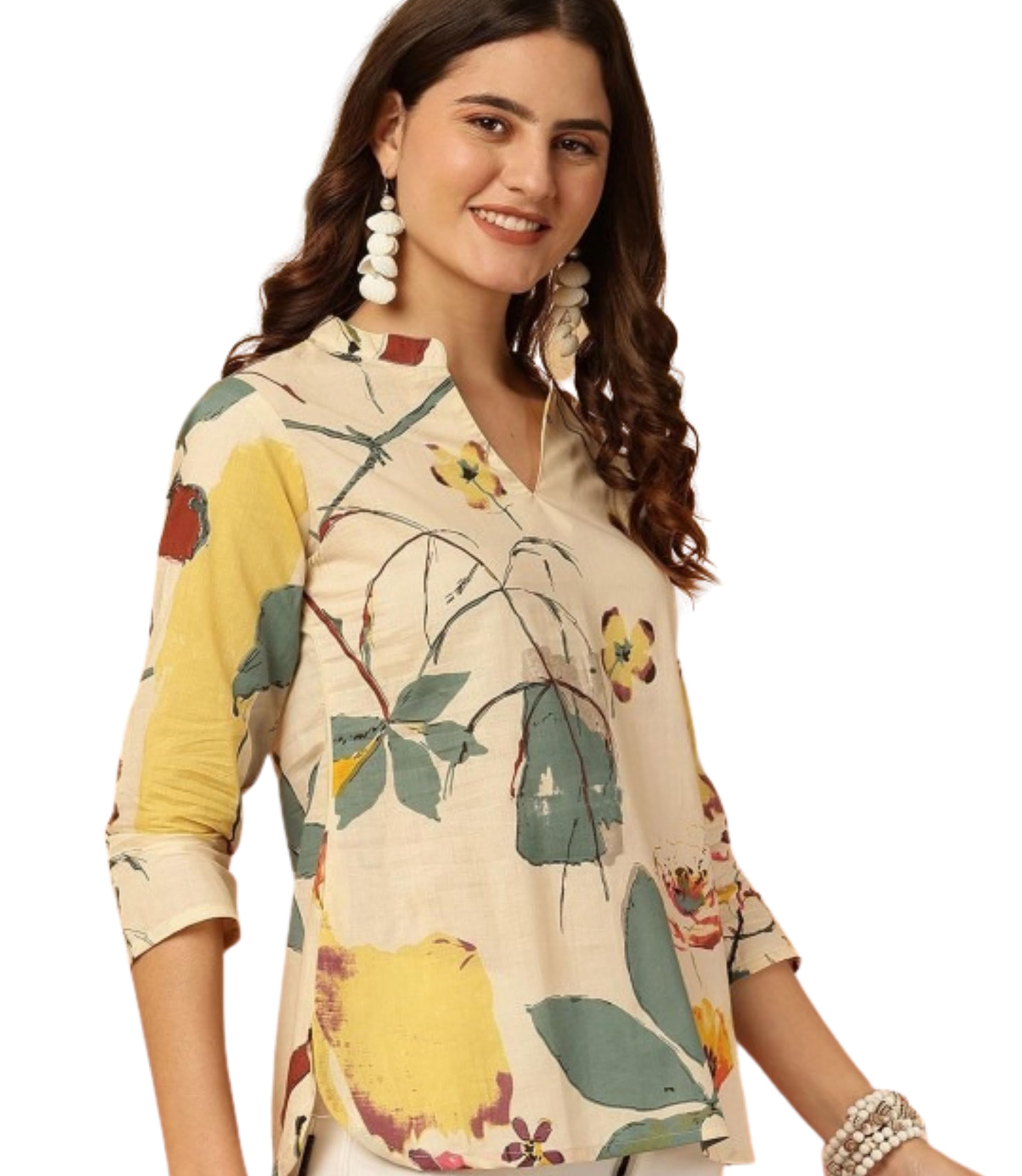 manharee Women's Cotton Floral Printed Short Kurti Top | V-Neck 3/4 Sleeve Ethnic Tunic for Jeans | Casual Summer Wear Kurta for Women and Girls-picture-16