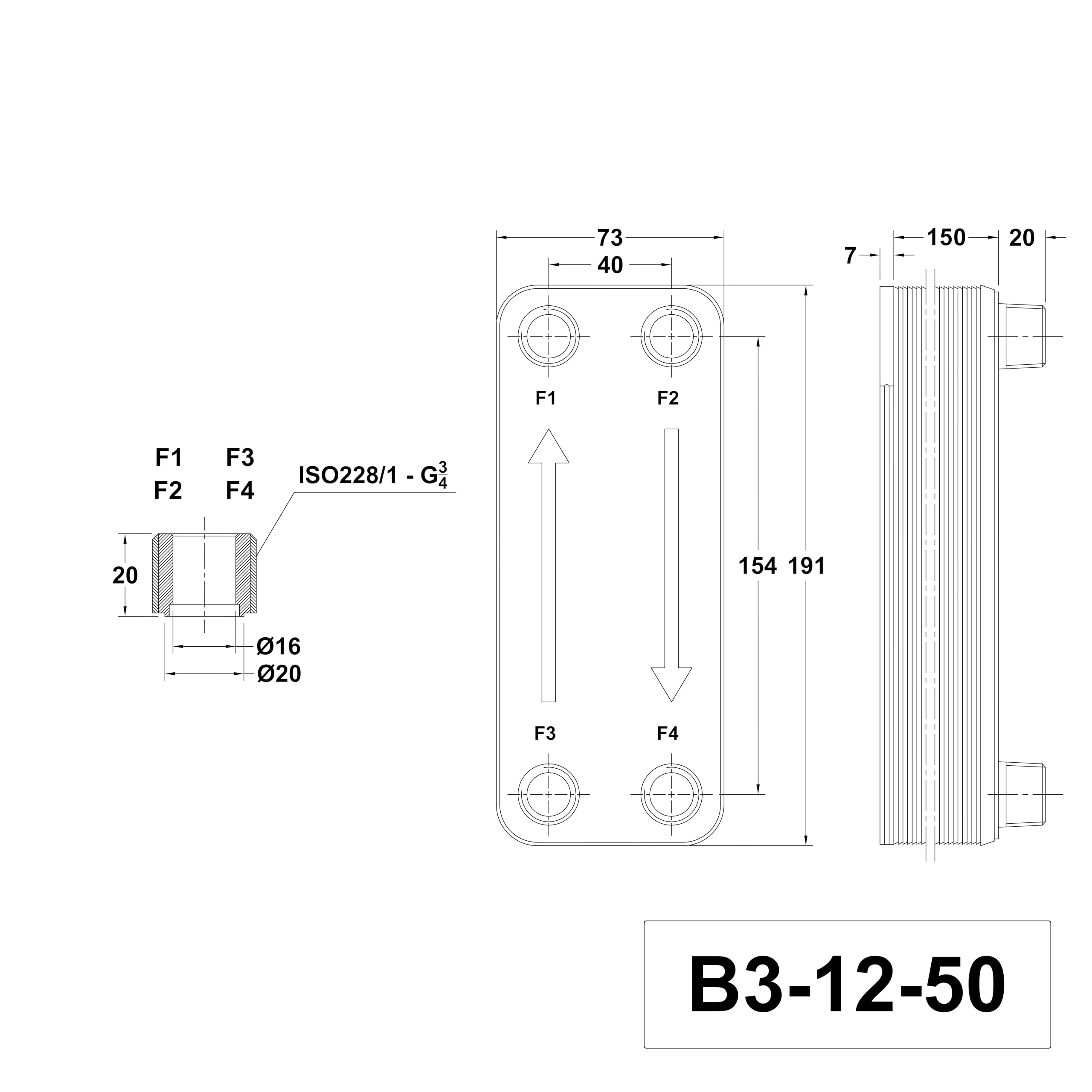 Intercambiador de calor de placas de acero inoxidable + aislamiento B3-12-50 con conexión de 4x3/4 pulgadas. Calefacción solar de 90kW (PWT+Iso)