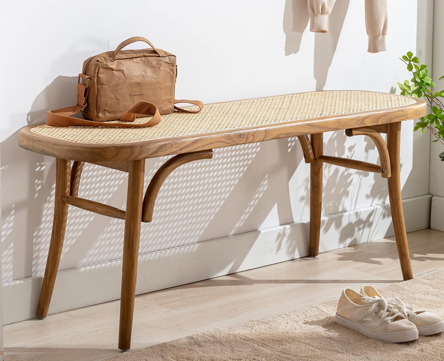 Kmax Upholstered Bench Wicker Rattan Entryway Bench Rustic