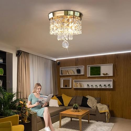 Miniatura 9 de Mini Crystal Chandelier Modern Chandelier Gold Crystal Ceiling Flush Mount Light Fixture Chandelier 8" x 7.4" Round Hanging Pendant Lamp for Dining