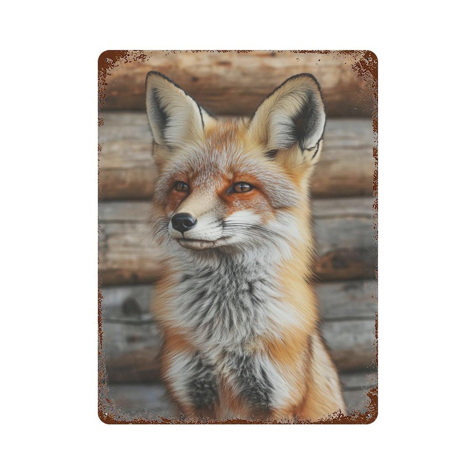 Fox in Wooden Cabin Vintage Wall Sign 15.7"x11.8", Rust Effect Metal Decor for Garage, Bar And Workshop Decor