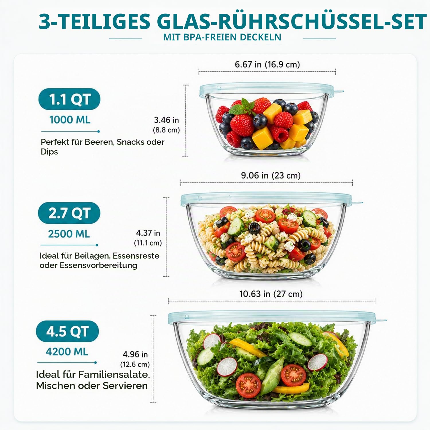 Luvan Glasschüssel mit Deckel 3er-Set (4.2 L,2.5 L,1 L), Große Rund Salatschüsseln für die Küche, ideal zum Aufbewahren von Lebensmitteln, Kochen, Backen, Vorbereiten, Spülmaschinenfest