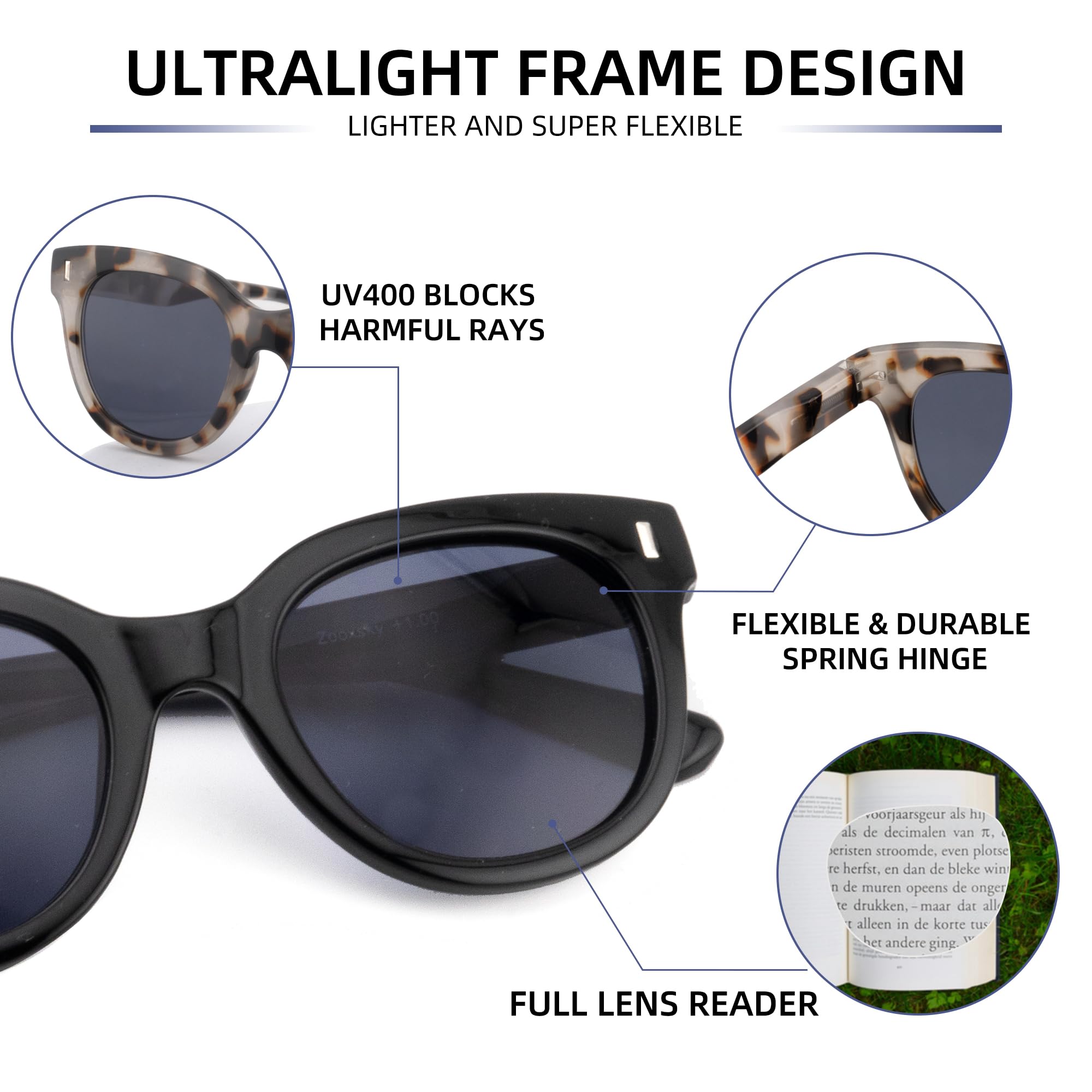 Paquete de 3 lentes de sol de lectura para mujer, lentes de sol clásicos al aire libre, lentes completos con resorte de metal