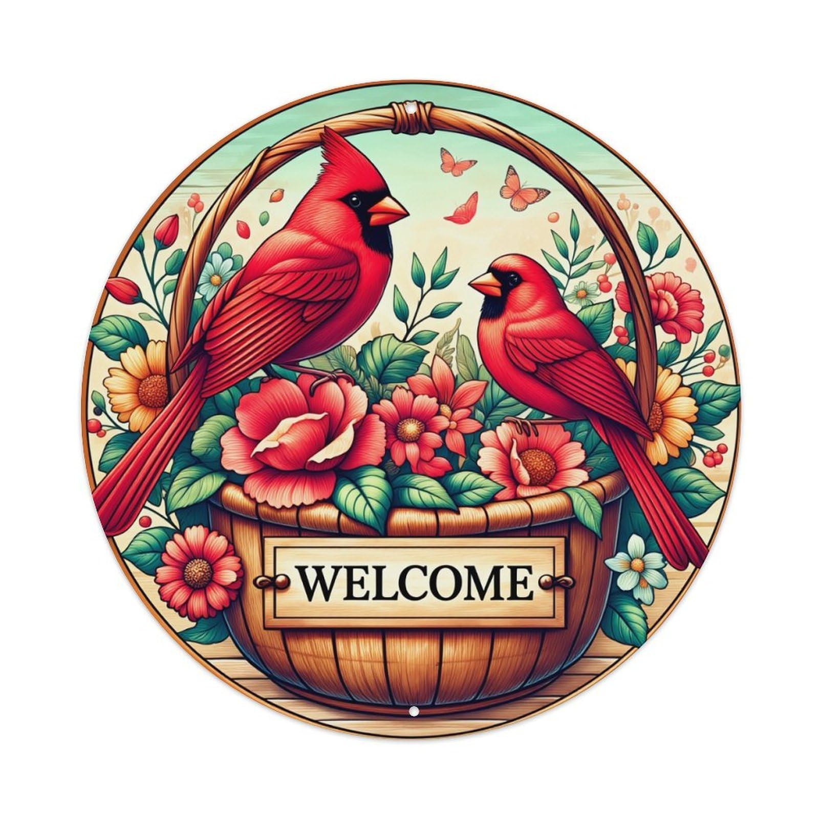 Cardinal Birds Floral Basket Welcome Round Tin Sign Vintage Metal Sign Home Bar Garden Indoor & Outdoor Wall Decor Retro Metal Poster 8x8 Inch