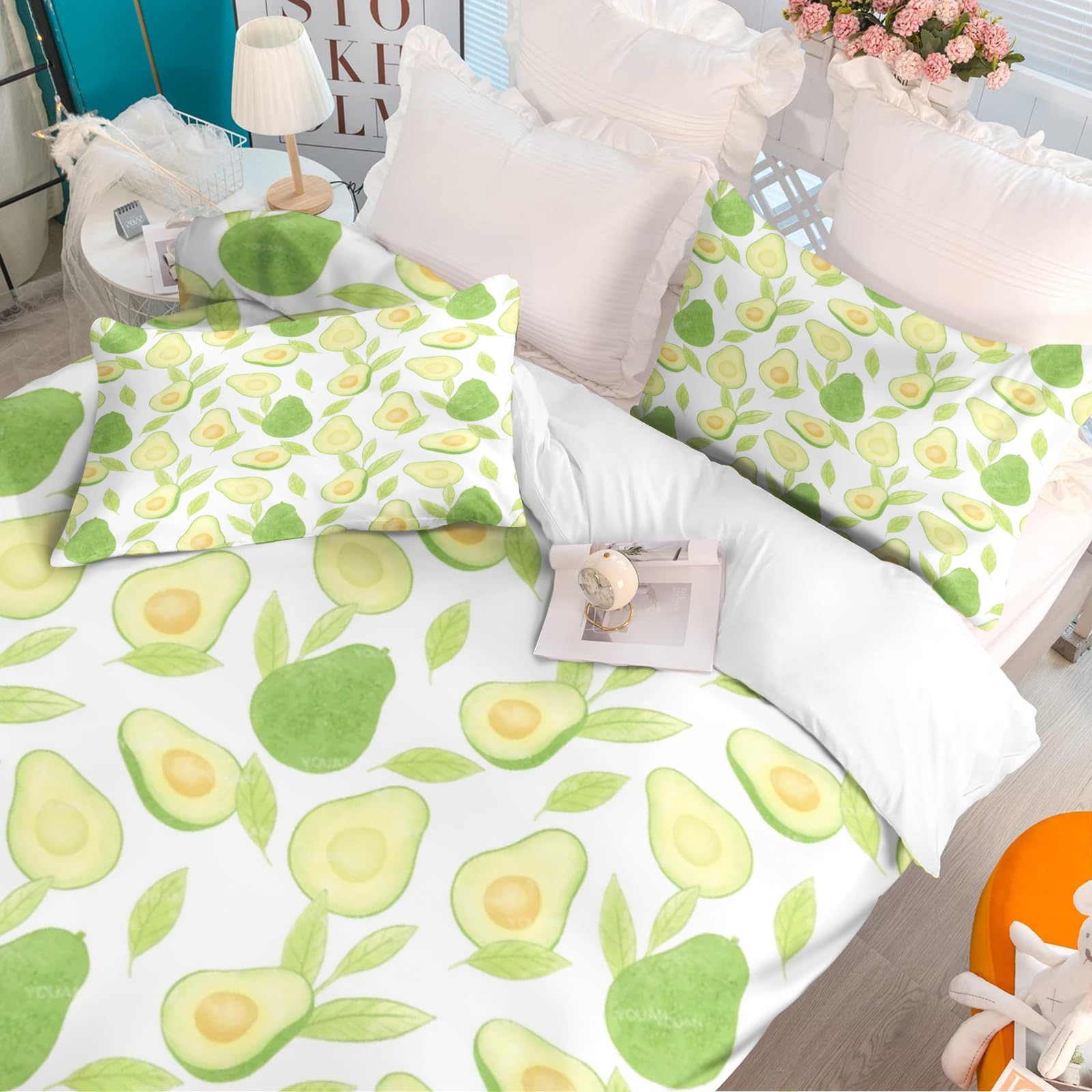 KIDSLOVE Avocado Pościel 135 x 200 cm, wzór z kreskówki, awokado, zestaw pościeli dla dzieci, śliczny awokado, zestaw pościeli z nadrukiem 3D, 100% mikrofibra, awokado (3, 135 x 200 cm, 50 x 75 x 1)