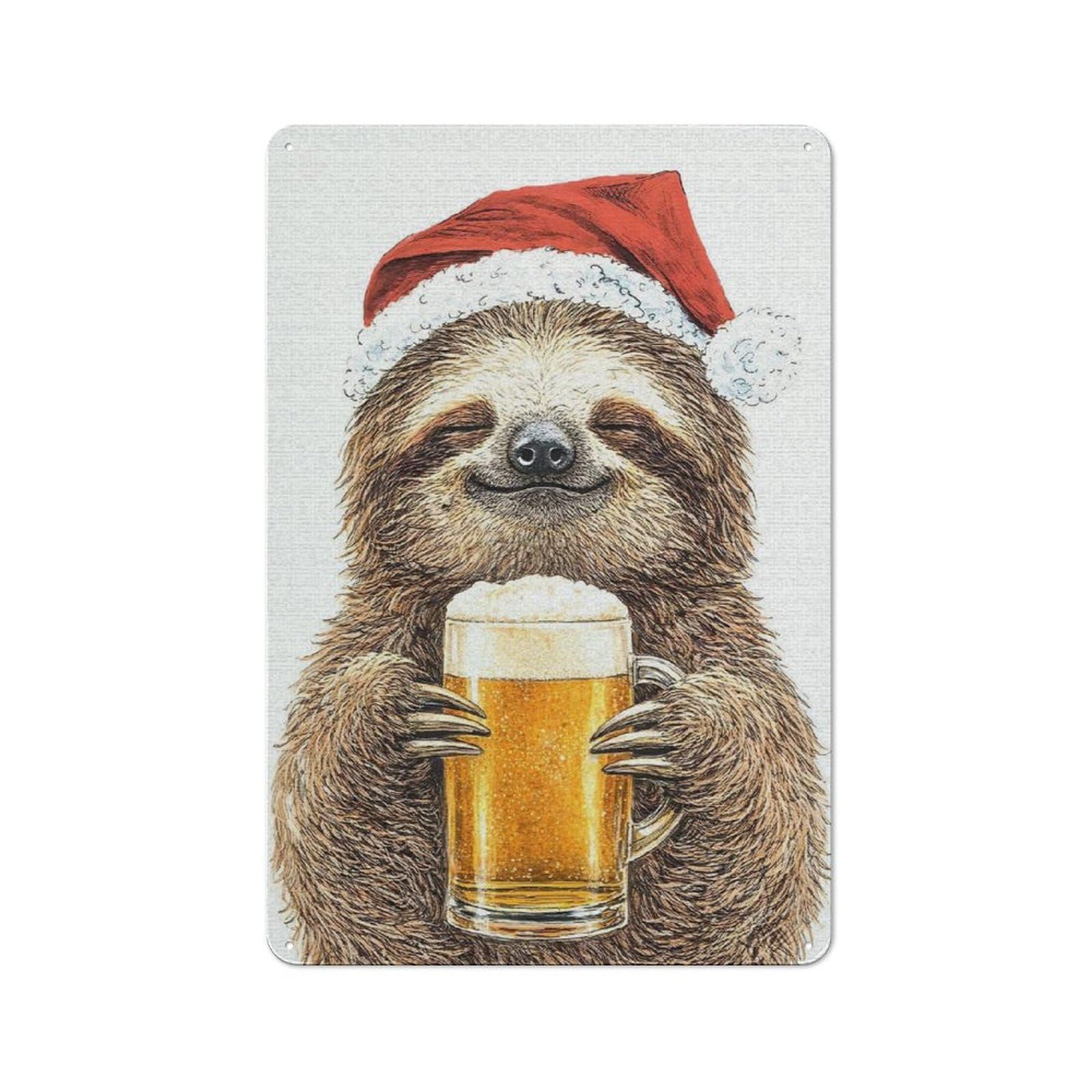 Junmoney Style-16 Sloth In Santa Hat With Beer Decorative Tin Sign 30X20cm, Country Country Wall Plaque For Dining Room, Cafe, Entryway Or Family Room