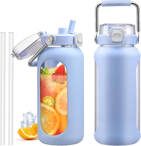 Miniatura 1 de BLUEGO Botella de agua de vidrio de 64 onzas, botellas de agua con mango de acero inoxidable y popote, botella de agua motivacional de medio galón