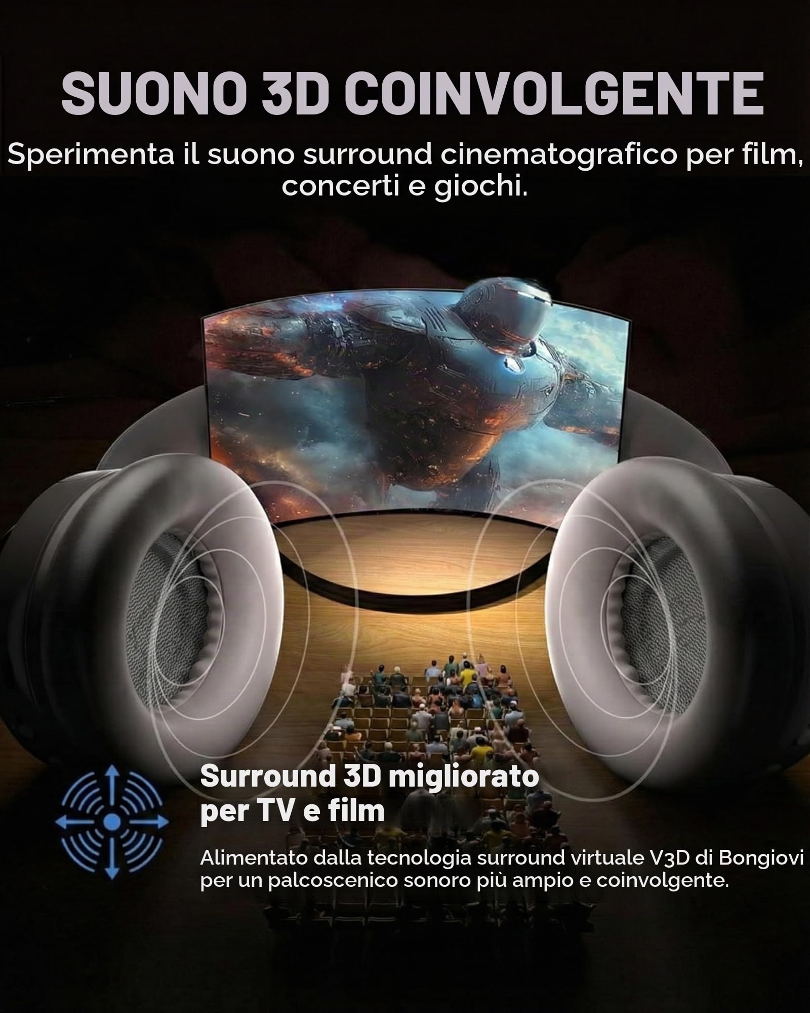 Avantree Eon 3D – Cuffie TV wireless con audio surround virtuale 7.1, cuffie Bluetooth over-ear con base di ricarica