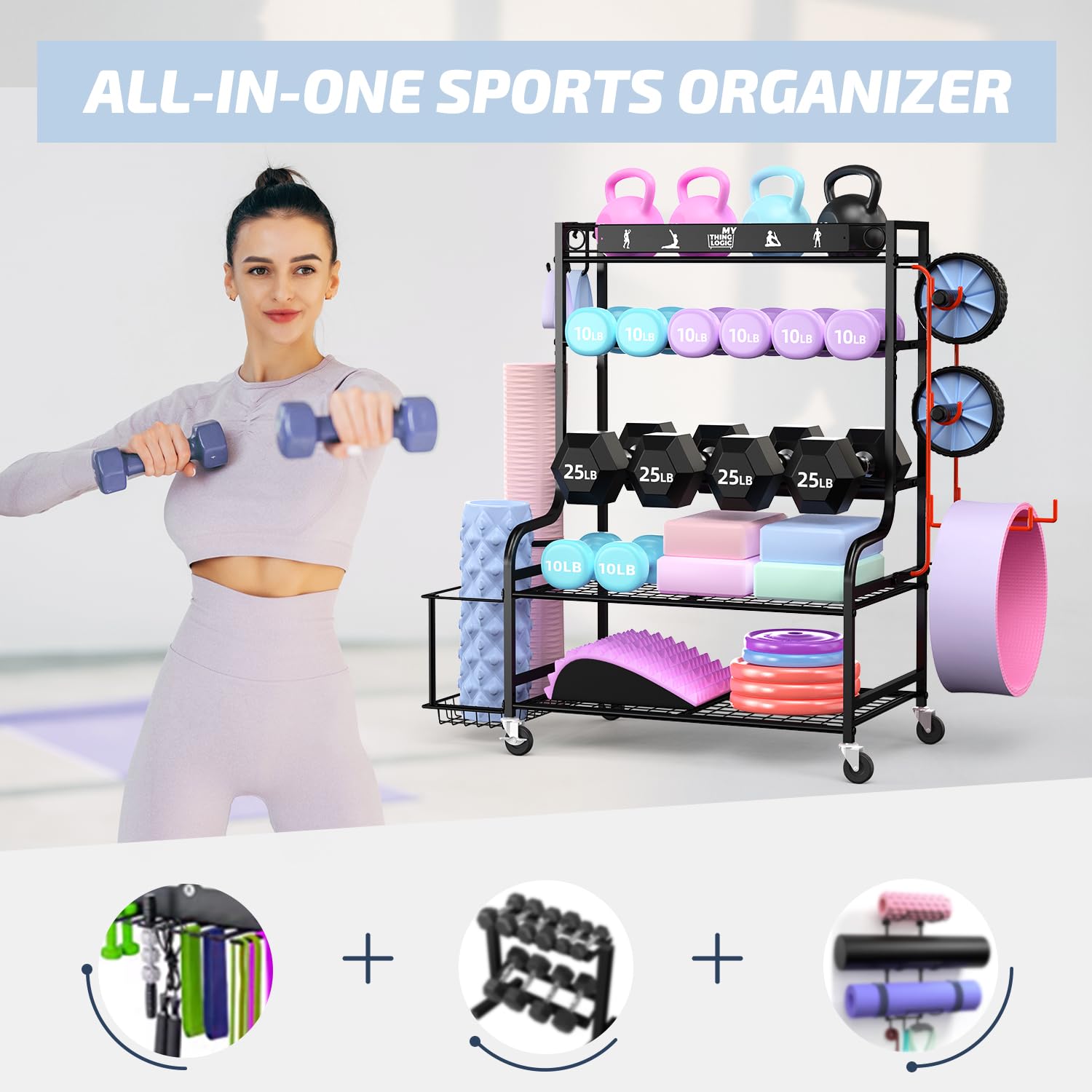 Mythinglogic Yoga Matte Regal, Yogamatte Organizer für Hanteln, Faszienrolle, Kettlebell und Yoga Block, Zuhause und Fitnessstudio Lagerregal Sportgeräte standregal