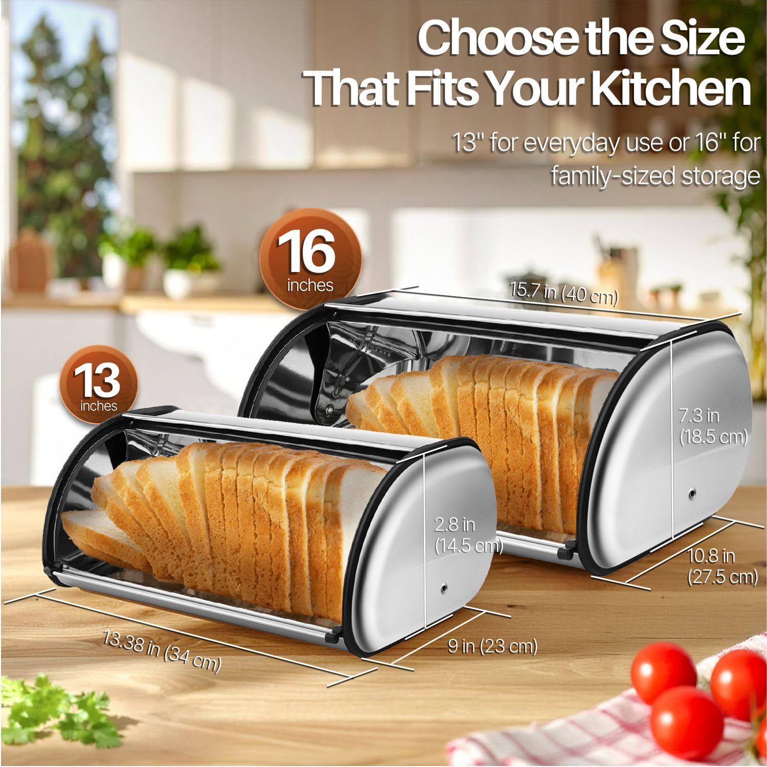 Flexzion Brotkastenhalter aus Edelstahl mit aufrollbarem Deckel, Aufbewahrungsbehälter für hausgemachte Kuchen, Brötchen, Toasts, Brote, Gebäck, Zuhause, Küche 17 Inch with Window edelstahl