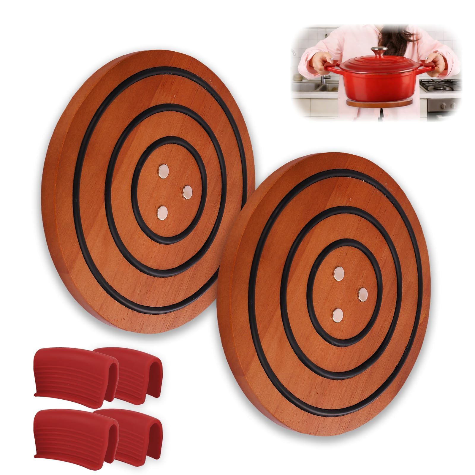 Photo 1 of 2 Pcs Magnetic Wooden Trivets for All Iron Pans, Heat Resistant Acacia Wood Trivet with Dutch Oven Handle Covers, Nonslip Pot Holder for Le Creuset Enameled Cast, Hot Pots, Pans Cast, Skillet