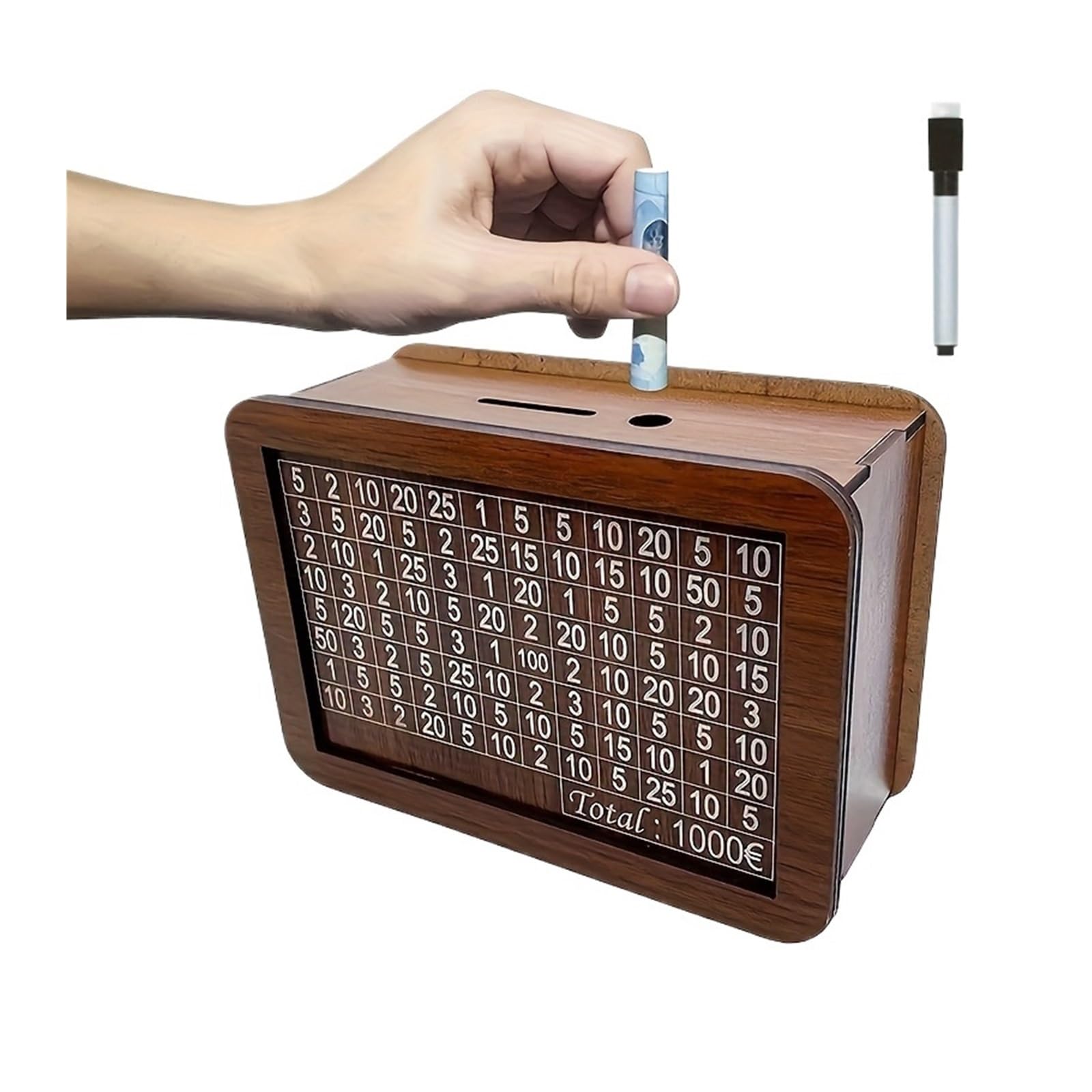 ZythrXLate Wooden Coin Collection Box 1000/3000/5000/10000 Box Wooden Digital Textured Piggy Bank Reusable Money Vault Savings Challenge Cash Storage Case for Coin Collectors(Brown (1000 EUR))