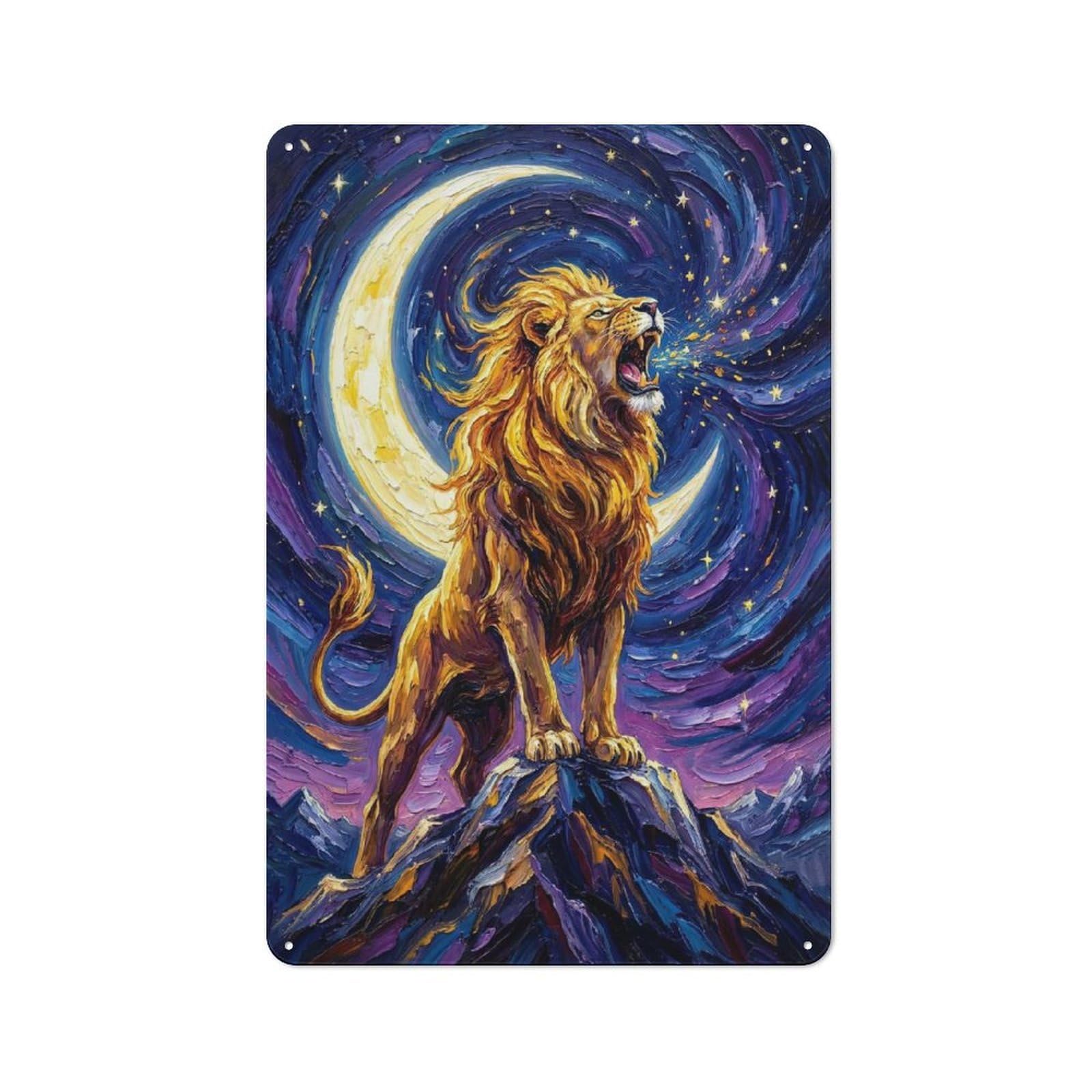 Junmoney Style-12 Roaring Lion Under Crescent Moon Painting Rustic Metal Sign 30X20cm, Barn Style Farmhouse Wall Decor For Kitchen, Cottage, Porch Or Garden Room