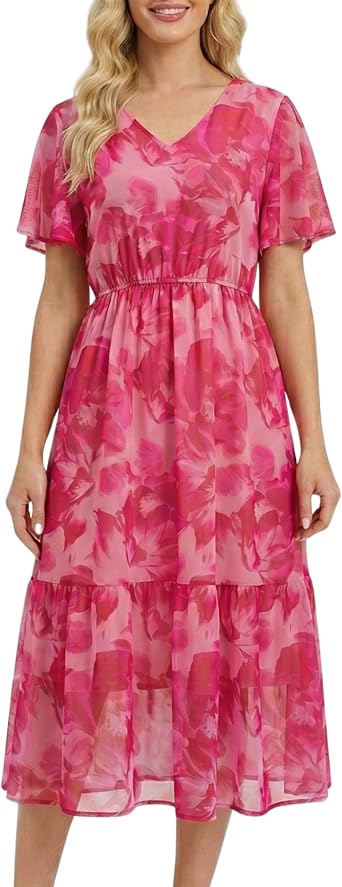 Aphratti Womens Summer Mesh Dress Flutter Sleeve V Neck Floral Flowy Midi Dresses Wedding Guest Tea Party Wear
