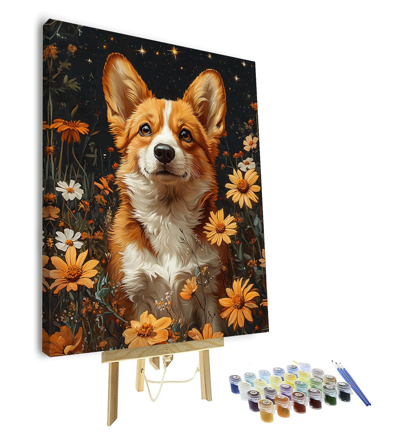 TISHIRON Paint by Numbers Kit for Adults, Adult Paint by Number - Adorable Dog Sitting in a Lush Garden of Flowers, Cute Pet Portrait Art, Painting by Numbers Canvas - 16x20 Inch(Framed)