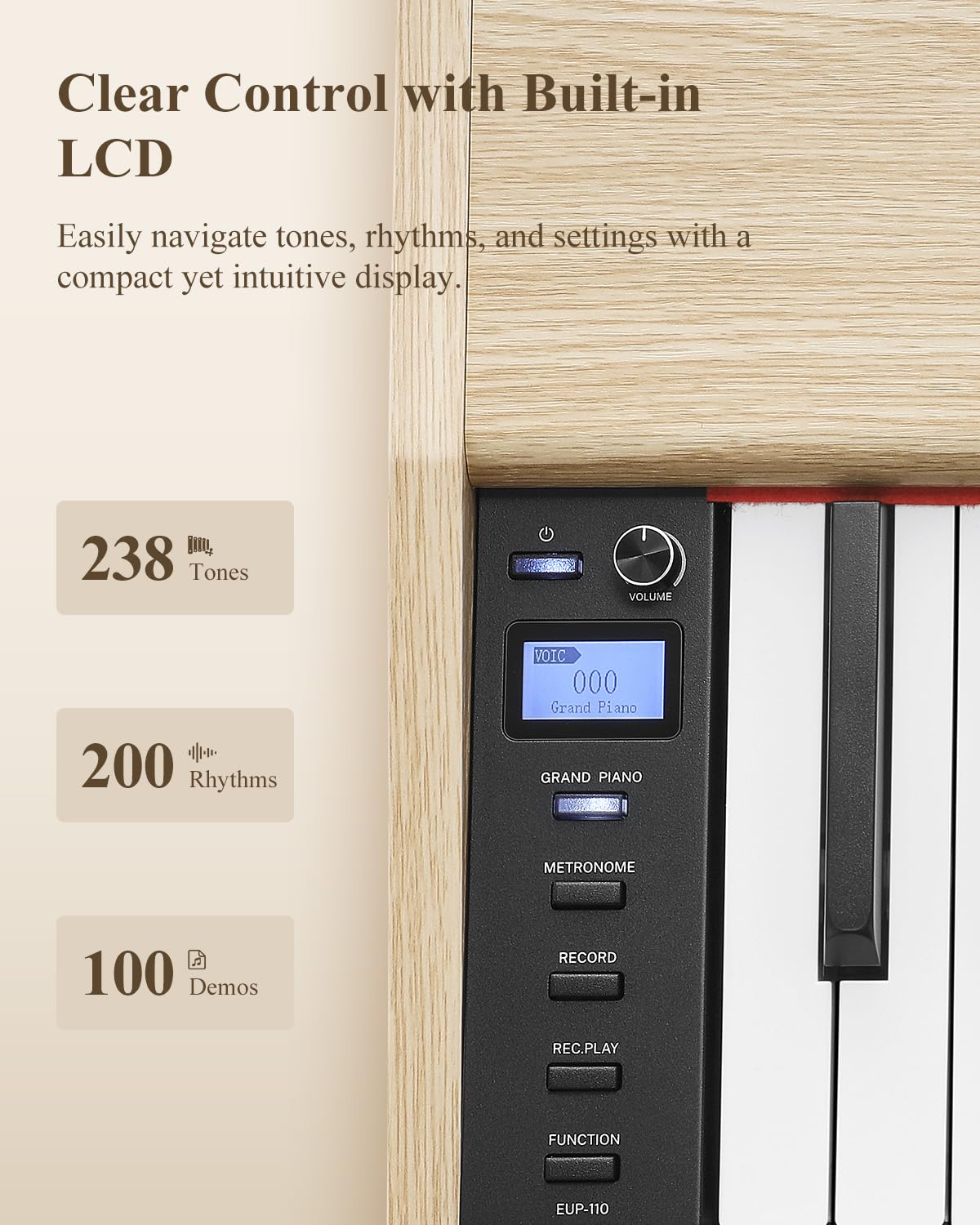 Eastar EUP-110 Digital Piano 88 Tasten mit gewichteter Klaviatur, E-Piano in voller Größe für Anfänger, mit Kopfhörer, Display, 3 Pedalen, Aufnahmefunktion & kabelloser Verbindung – Farbe Hellholz