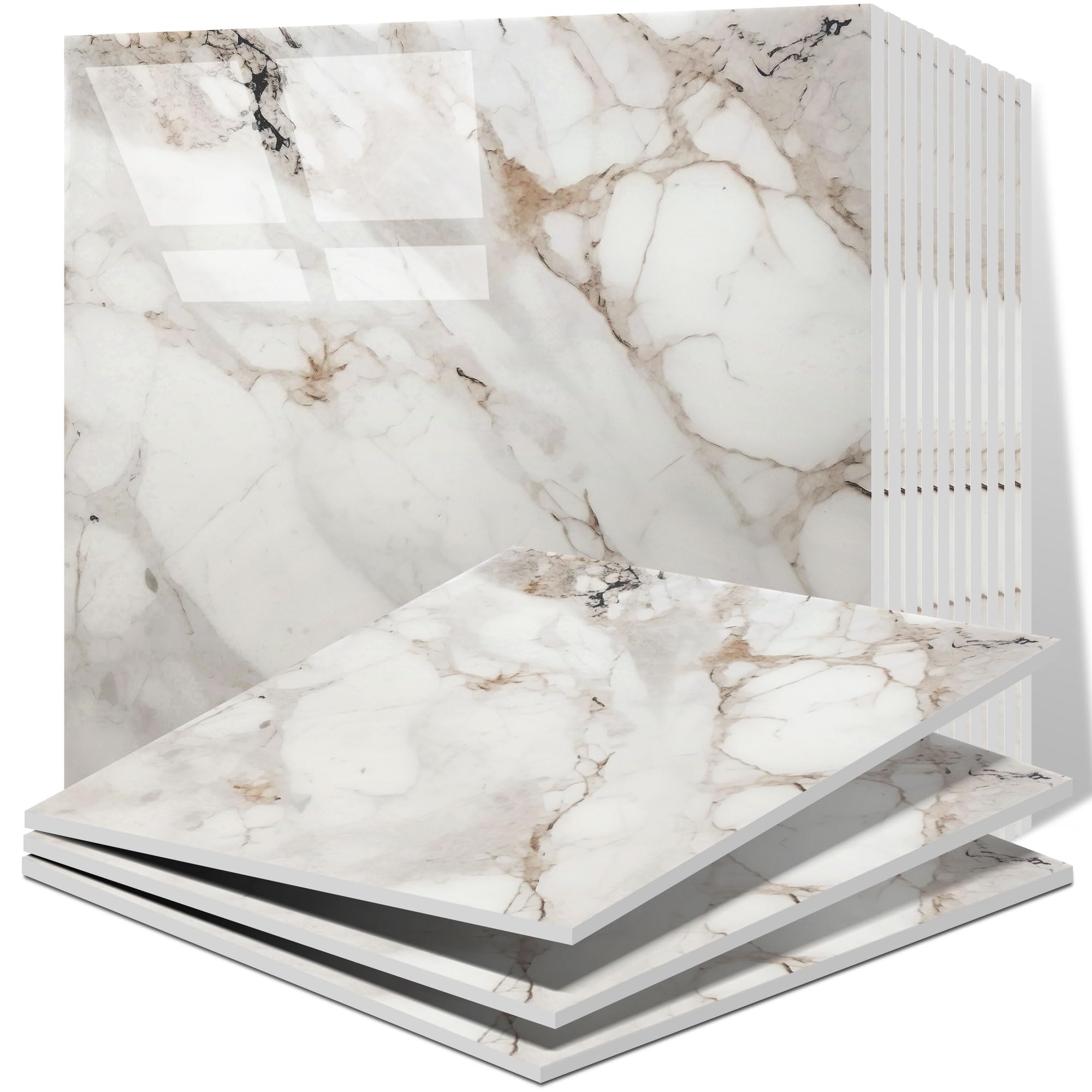 Vieshful 20pcs Self Adhesive Wall Tiles，30x30cm Stick on Wall Marble Tile, PVC Waterproof Shower Walls Panels, Back Splash Stick on Tiles for Kitchen Bathroom Livingroom Champagne Gold