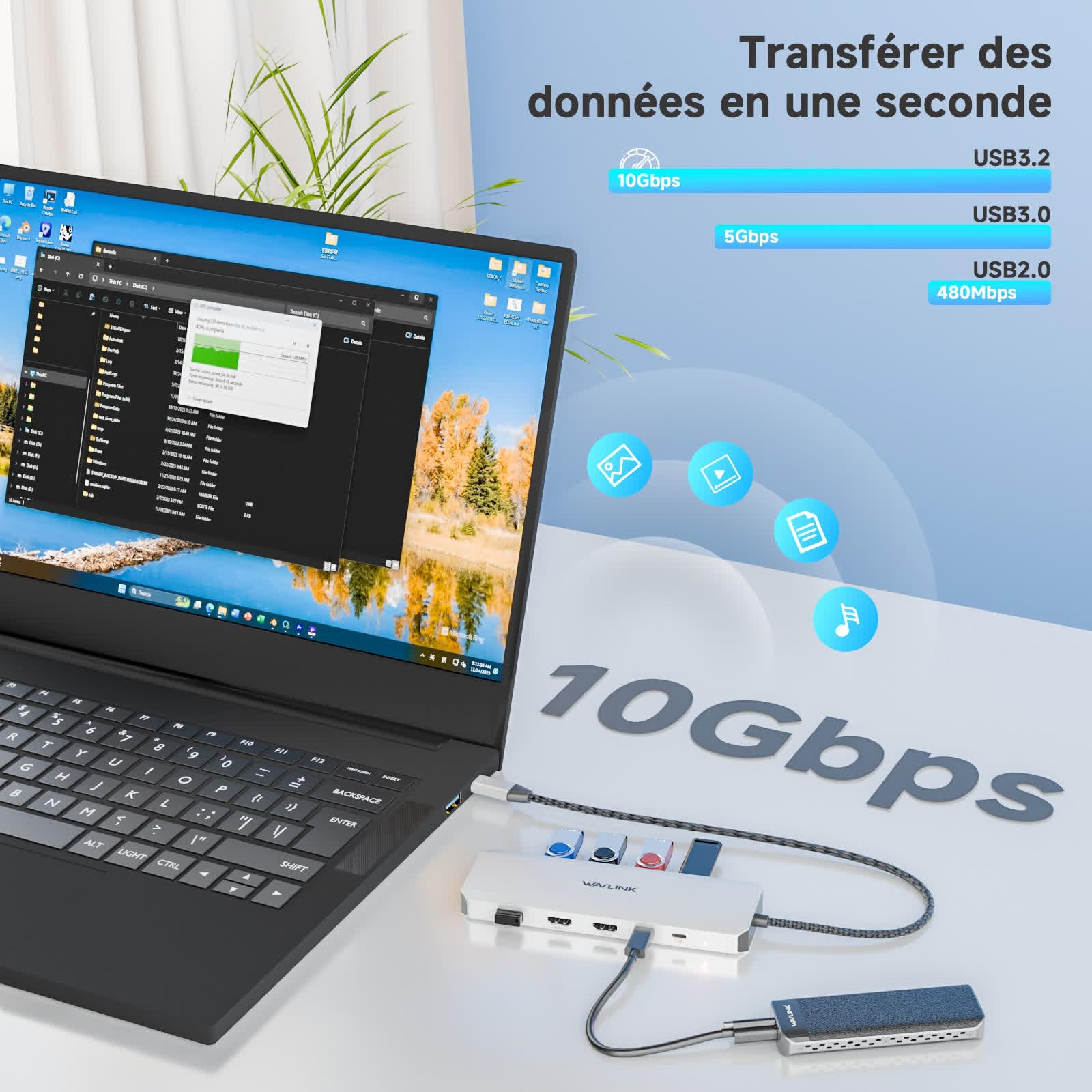 WAVLINK Station d'accueil pour Ordinateur Portable, concentrateur USB C 10 G avec Double HDMI, 100 W PD in, USB-A/C 3.2 10&5 Gbit/s, Gigabit Ethernet pour Dell/HP/Lenovo, etc., Windows | Résolution unique 4K@60Hz, puissance d'entrée de 100W, 3 x USB-C/A 1