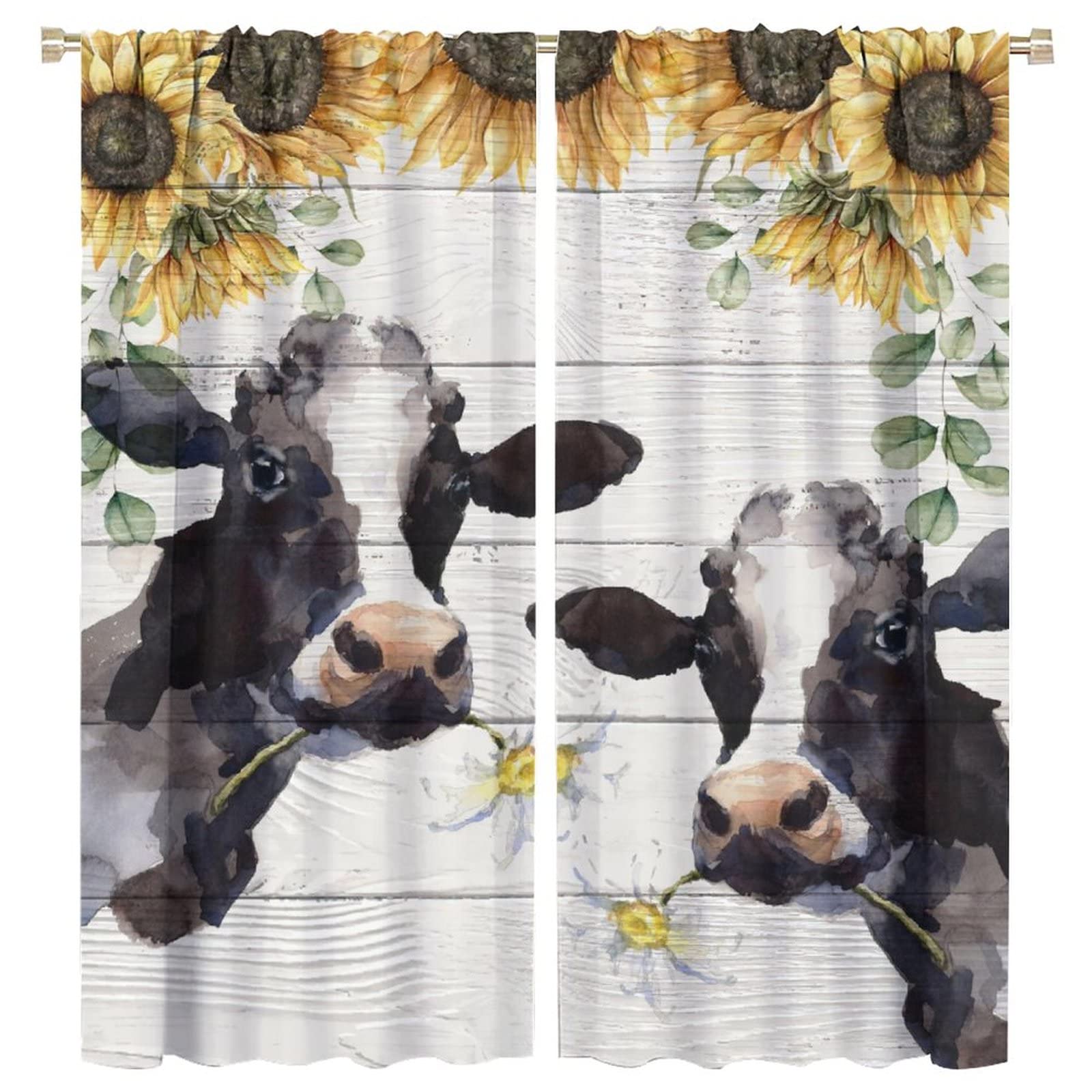 JESTRONRY Cow Window Curtains, Funny Farmhouse Animal Flowers Sunflower Room Darkening Curtain for Living Room Bedroom Kitchen Bathroom W63xL72in