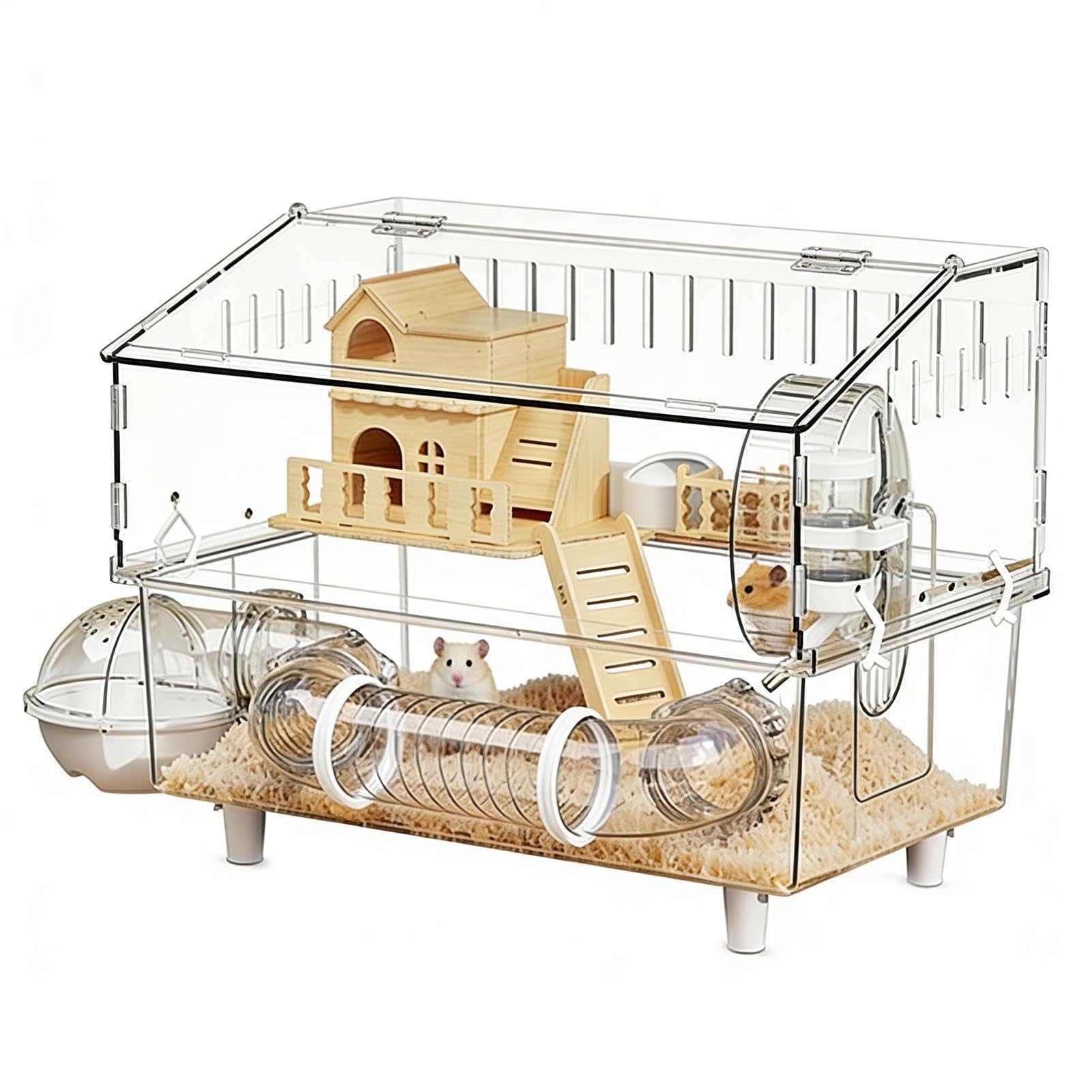 Jaula para Hámster Claro de 2 Pisos, Parque para Chinchilla | Jaula para Hámster Enano para Interior, Exterior y Viaje, Hogar para Mascotas Pequeñas y Roedores