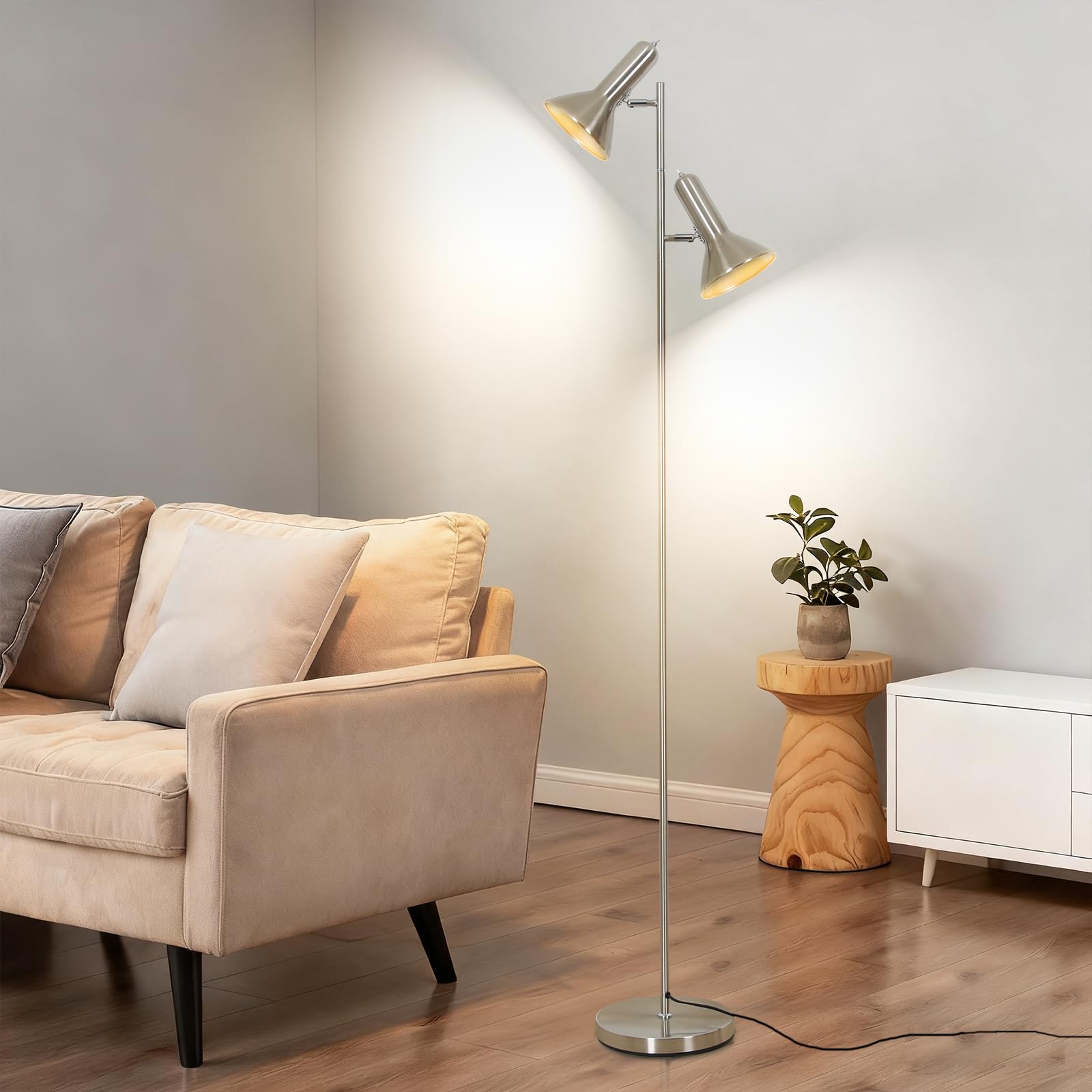 Lampa de Pie de Salotto DIYA-Nichel, 2x E27 MAX. 60W Floor lamp, Lampada da Terra Vintage altezza 272CM, Lampada da Terra Retrò in Metallo per Camera da Letto, Studio, Ufficio, Pianta