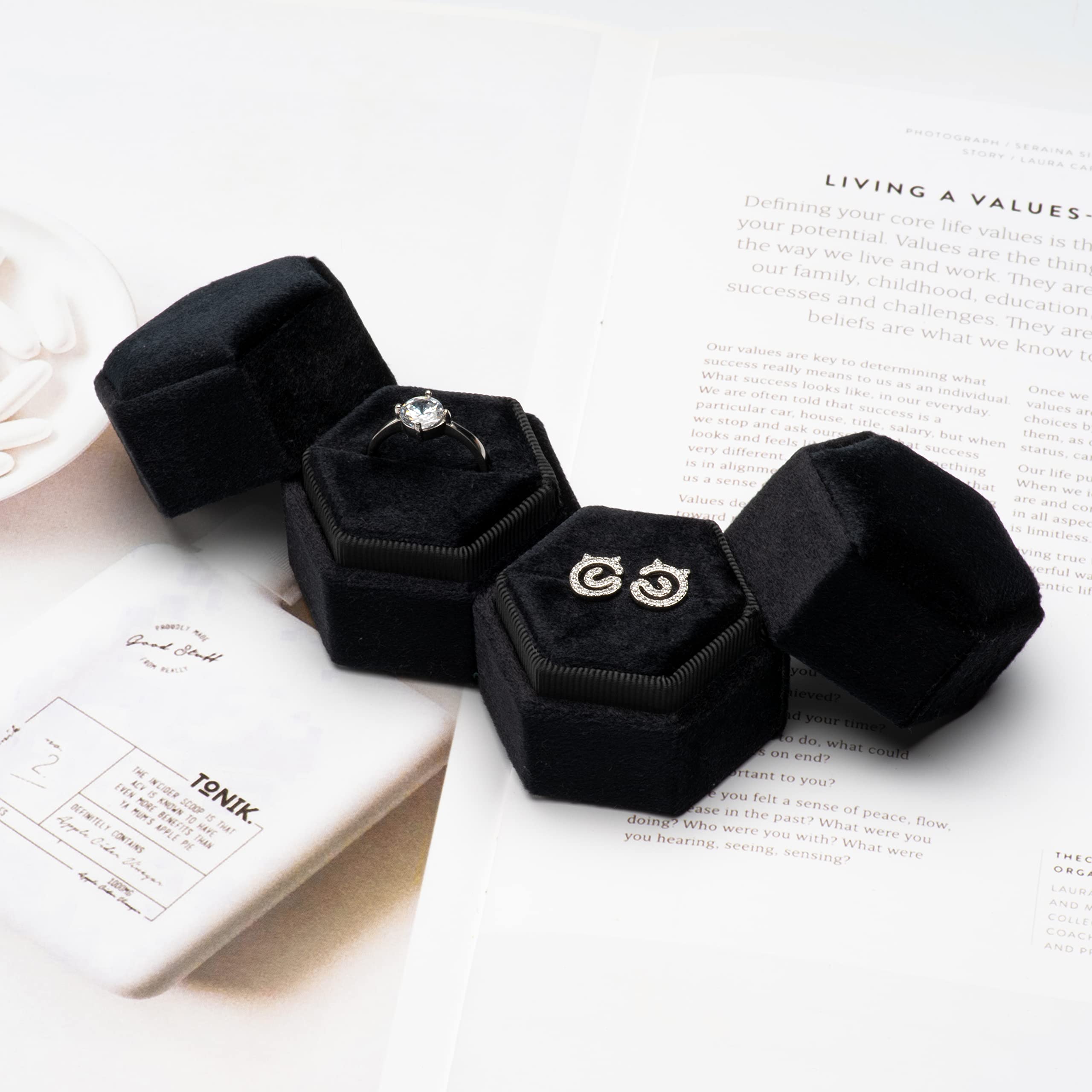 Equal Hexagon Velvet Single Ring Box - Engagement Proposal Wedding Jewelry Box, Small Gift Packaging (1.77x1.77x1.77 In, Black) - View #4
