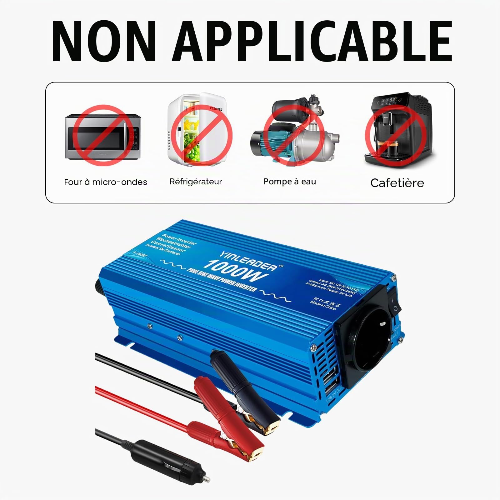 Yinleader Convertisseur 12v 220v Pur Sinus 1000W /2000W convertisseur Pur Sinus avec Double USB