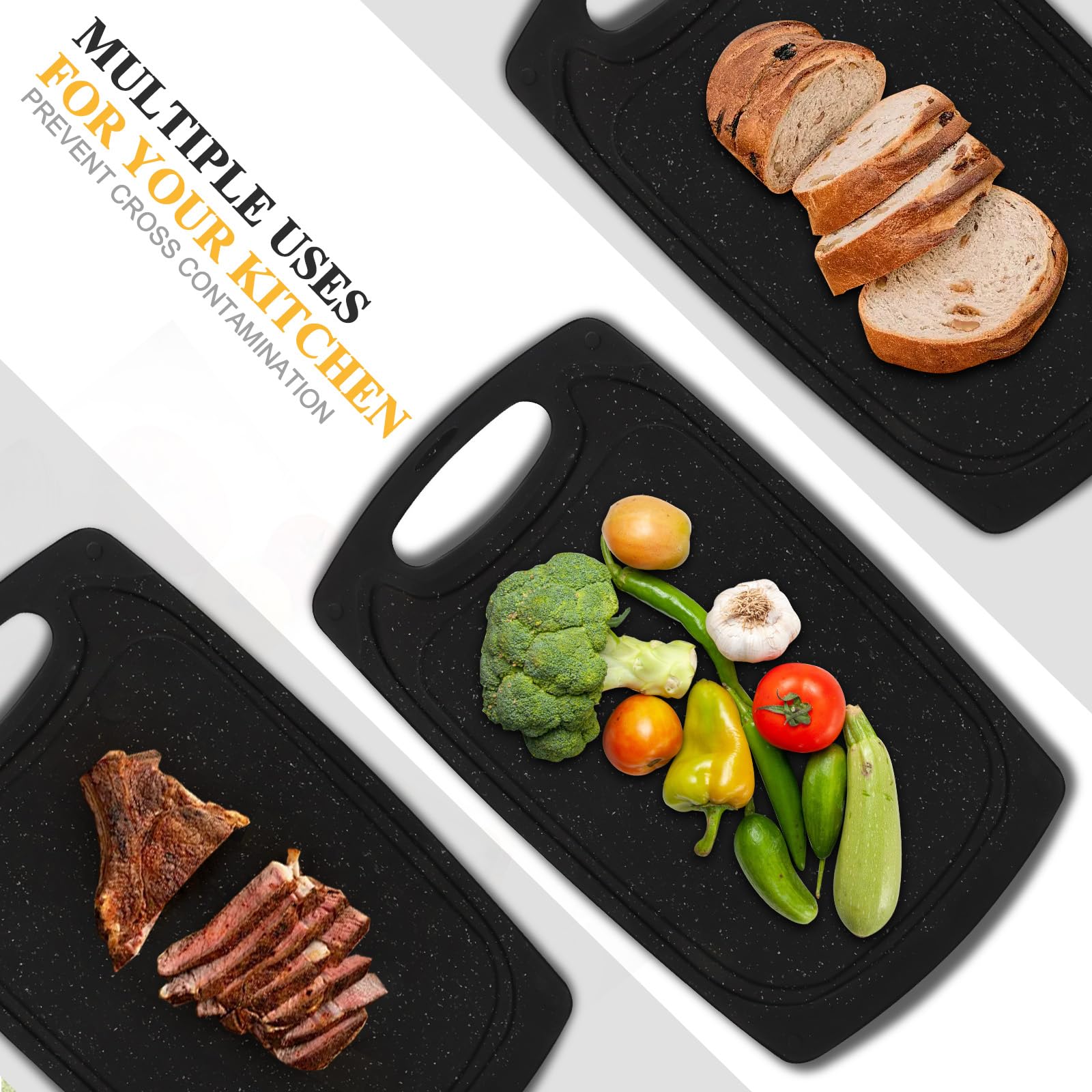 Set 3 Tabla Cortar Cocina, Tabla Cortar de Plástico Sin BPA, Cutting Board con Asas y Ranura para el Jugo, Chopping Board Antideslizante para Verduras/Frutas/Carnes, Negro