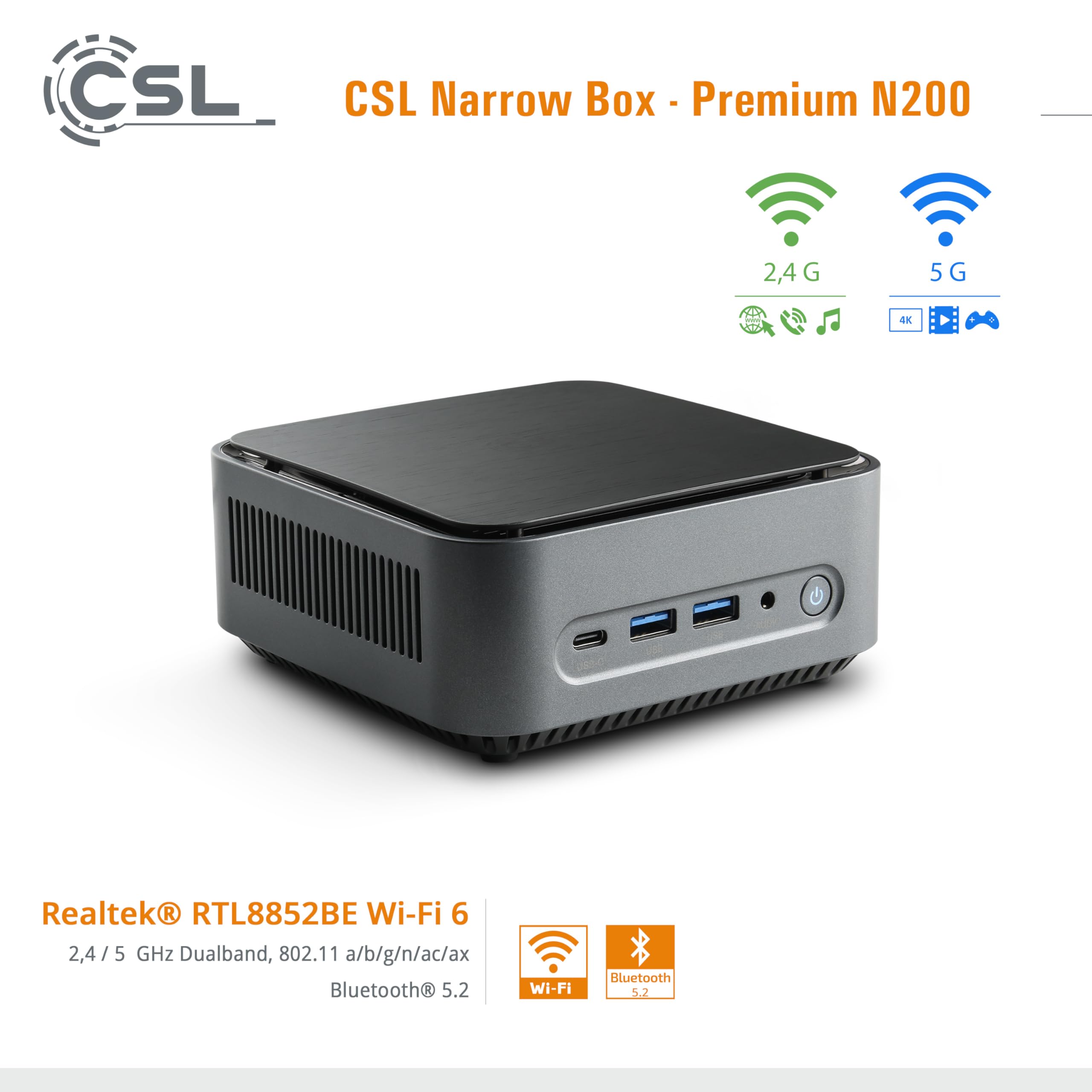 Mini PC CSL Narrow Box Premium Windows 11 Home Senza Ventola, Intel N200 4X 3700 MHz, SSD M.2 da 500 GB, 8 GB DDR4 RAM, Grafica Intel UHD, HDMI 2, USB 3.2, BT 5.2, DisplayPort, Dual WLAN