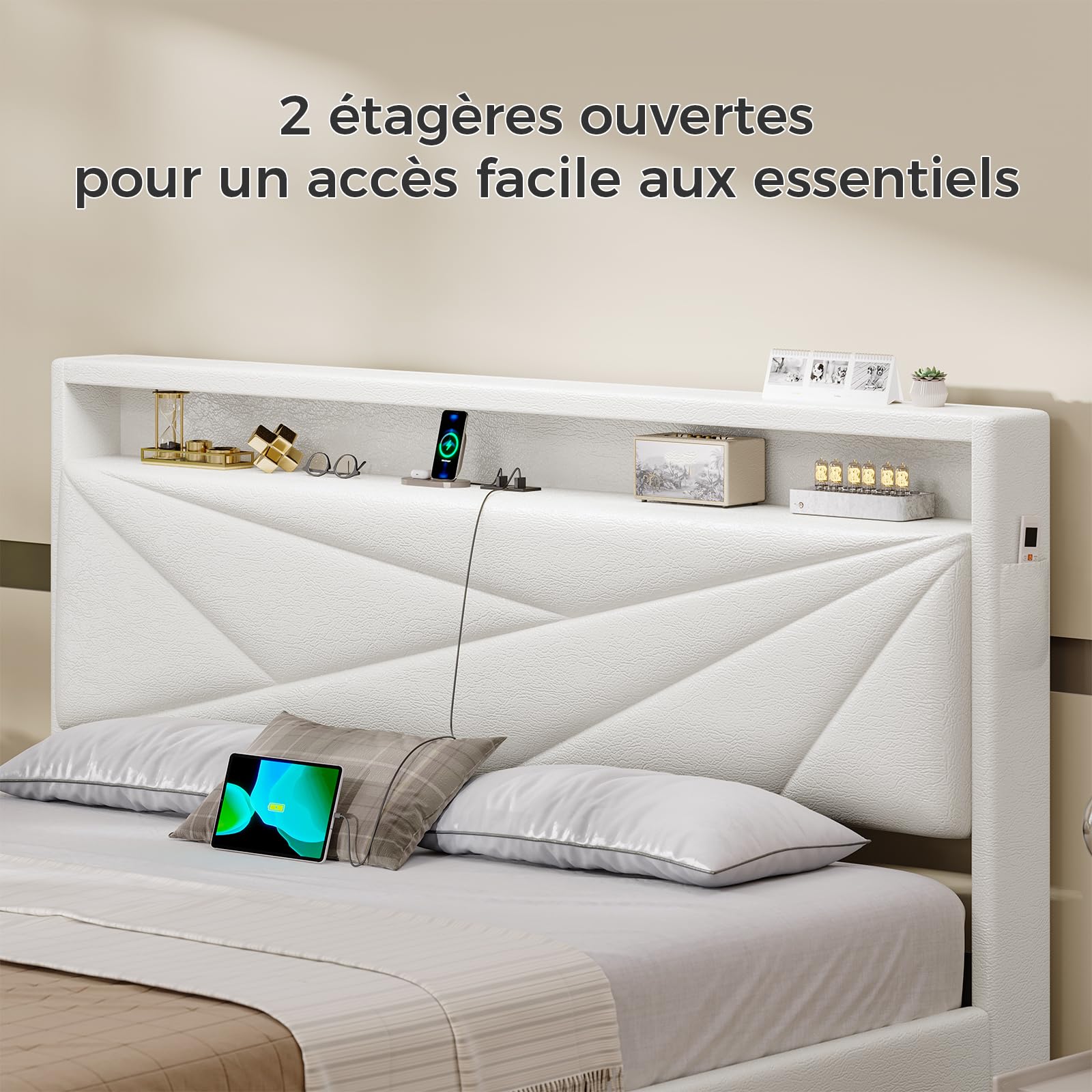 KIMENICH Lit 140x190 avec Sommier, Lit Double avec LED Réglable et Multiprise, Étagères Ouvertes et Rangement sous Sommier, Cadre de Lits 140x190 Capitonné, PU Blanc