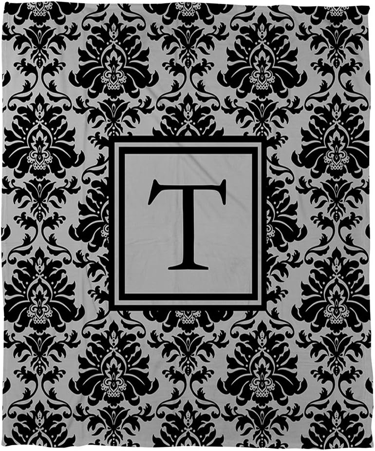 Manual Woodworkers & Weavers Coral Fleece Throw, 50 by 60-Inch, Monogrammed Letter T, Black and Grey Damask