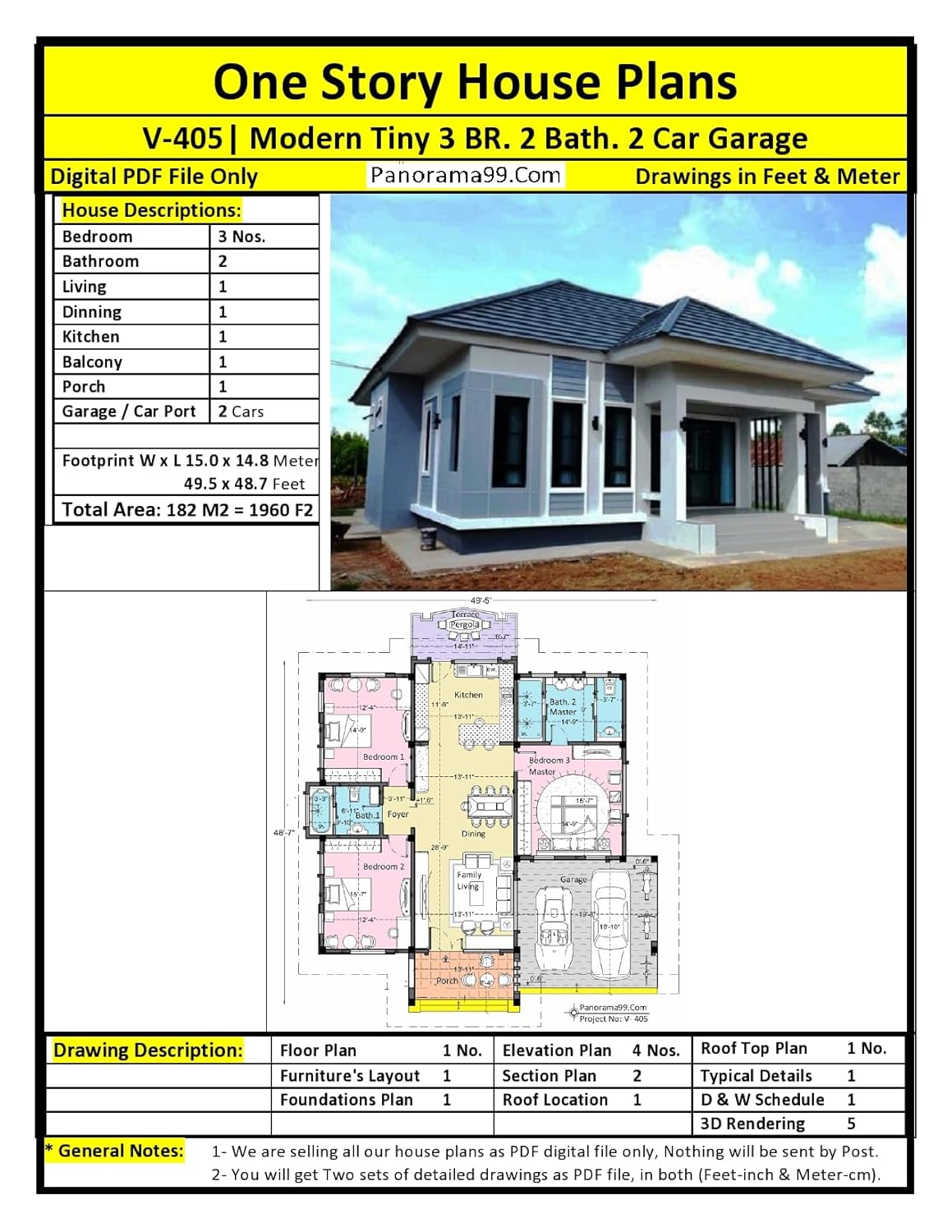 V-405| One-Floor 3 Bedroom House Plans – Modern Cottage, Farmhouse, Granny Home Design: One Story House Plans, Drawings in Feet & Meter (One Story House Plans B Book 1)      Kindle Edition