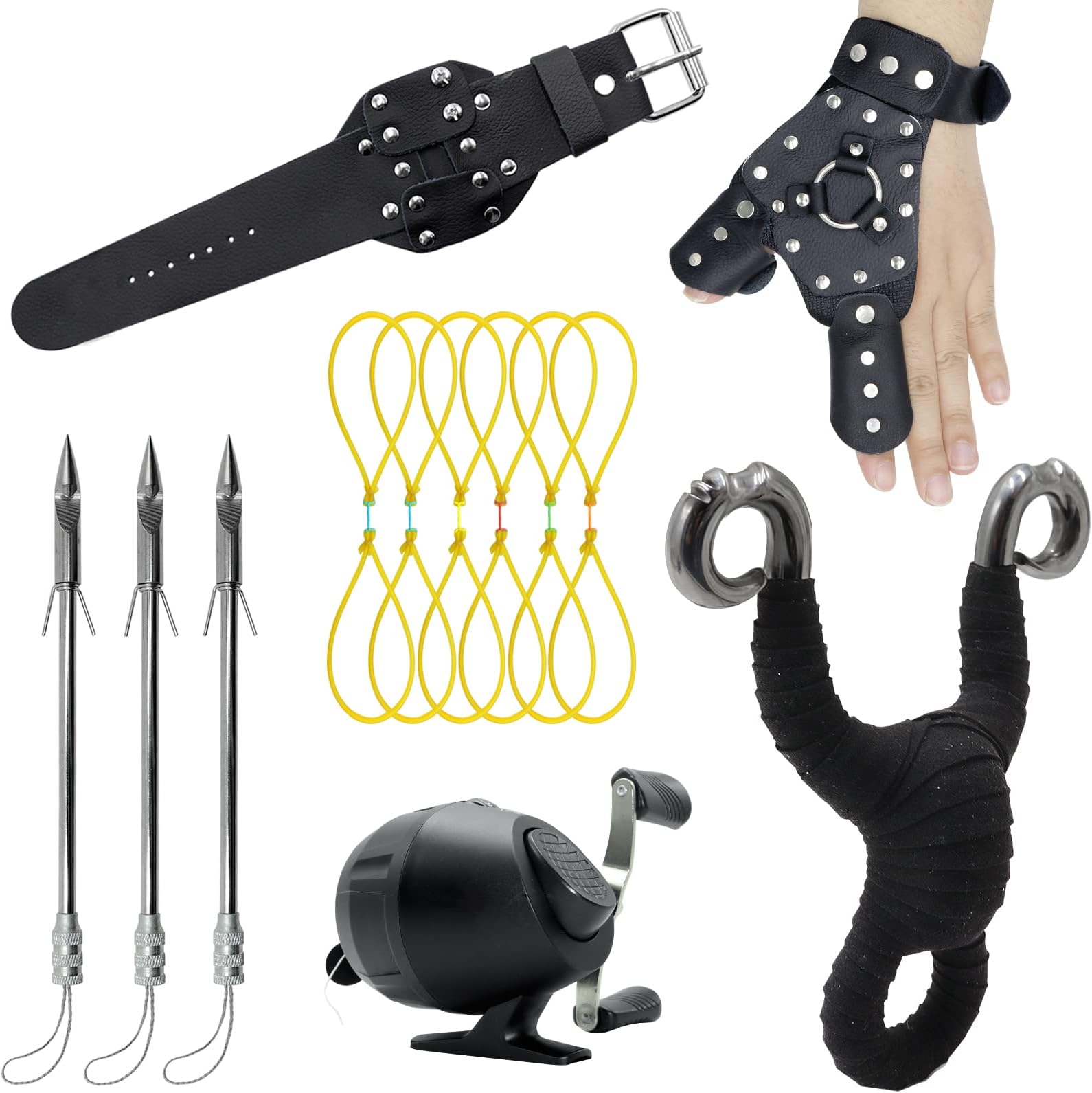 Obert 7Pcs Fishing Slingshot Kit Bow Fishing Reel Catapult Hunting Shooting Fishing Broadheads Hand Guard with 5pcs Fishing Bands