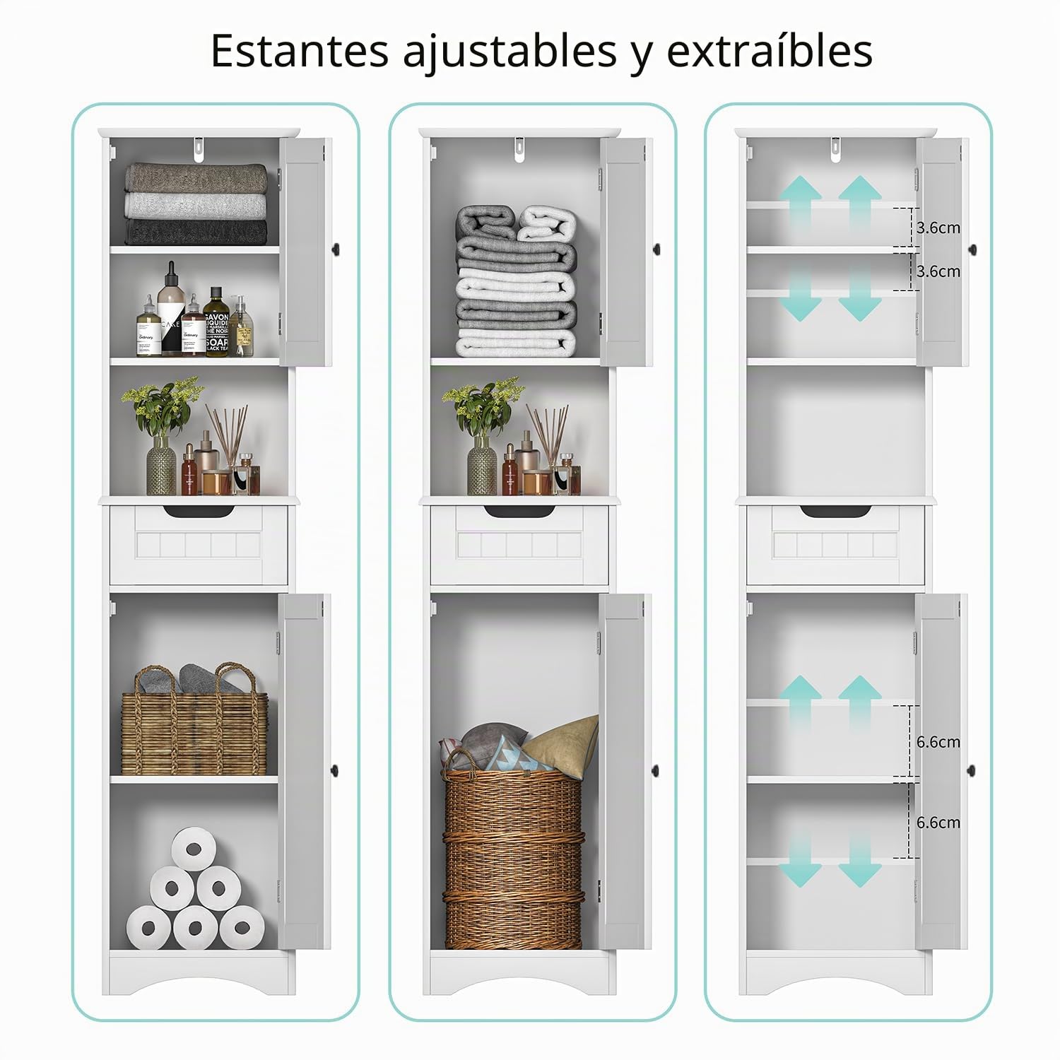 Bealife Mueble Columna de Baño Estrecho，Alto Muebles auxiliares de baño con Estantes Ajustables, 1 Cajón, Puertas y Compartimento Abierto, 170X40X30CM