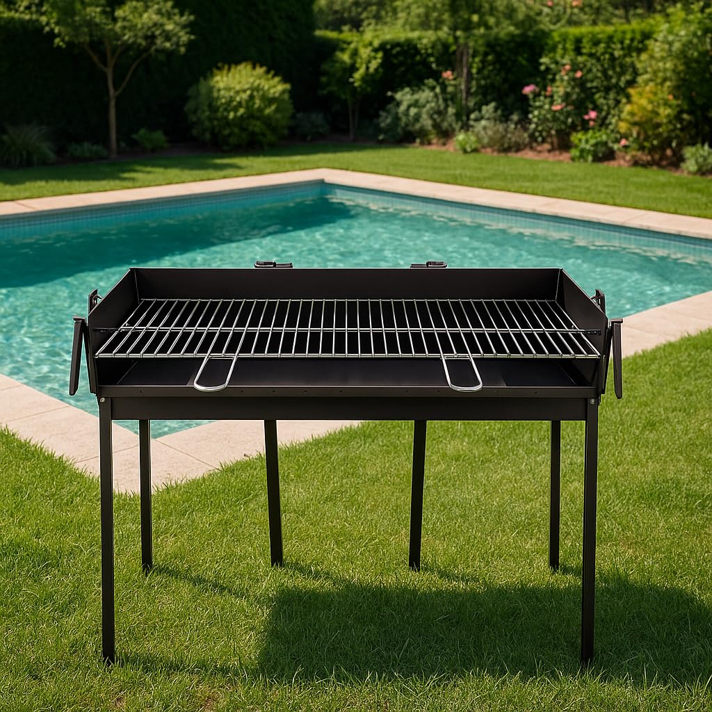 BARBACOA RECTANGULAR LEÑA Y CARBÓN 80 X 40 CENTÍMETROS CON SOPORTE PARA PAELLERA IDEAL PARA CAMPING Y PLAYA