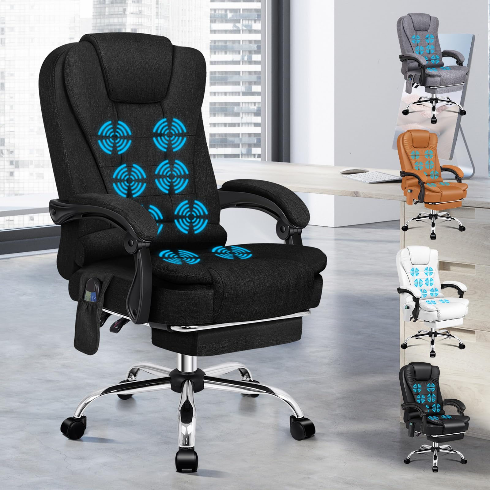 ALFORDSON Chefsessel Ergonomisch Bürostuhl Wärmemassagefunktion, Schreibtischstuhl Einziehbare Fußstütze, Besprechungsstuhl höhenverstellbarer, Drehstuhl Neigungswinkel 90°-150°,Stoff Schwarz