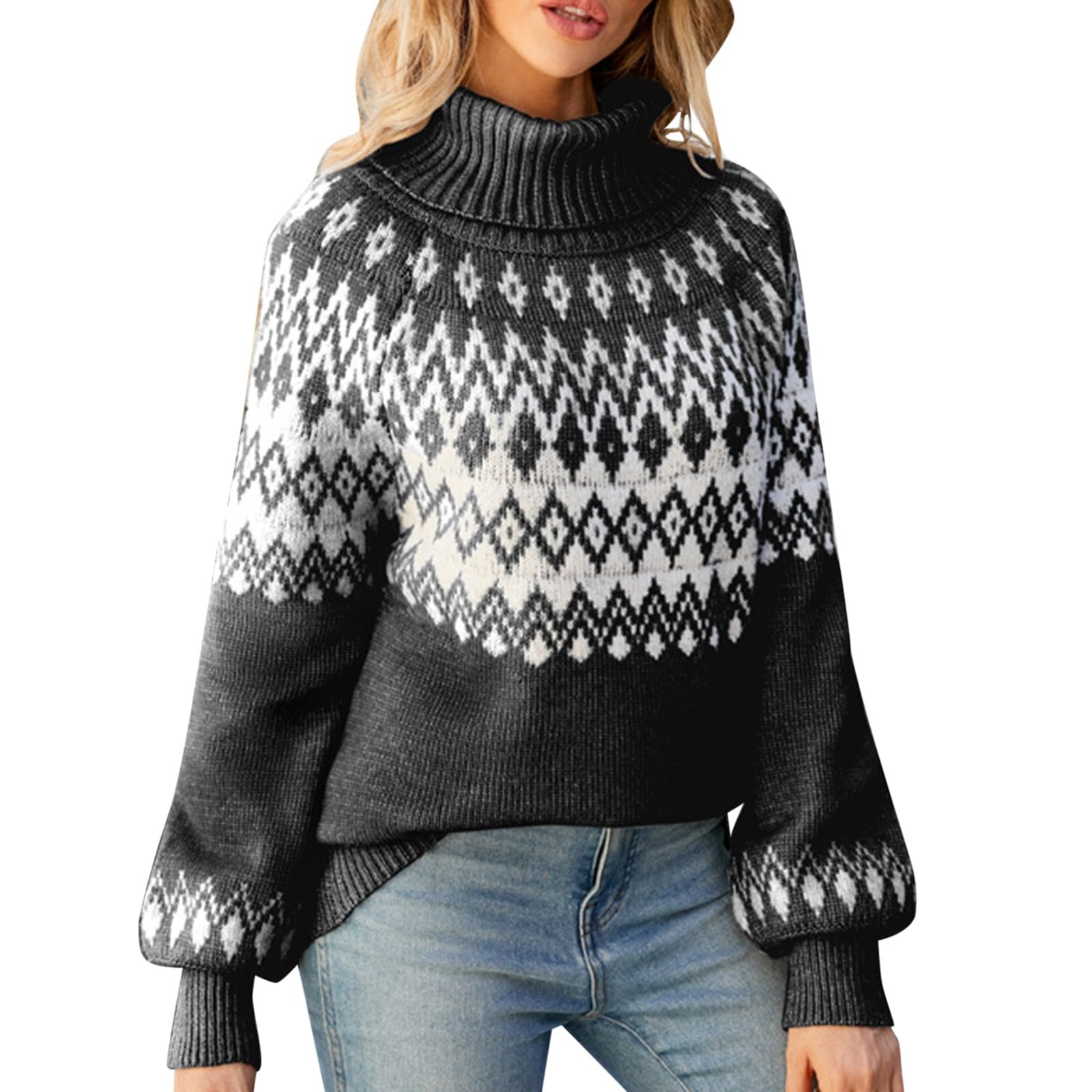 Maglioni da donna in maglia autunno 2024 maglione a collo alto allentato autunnale con grafica vintage top invernali vestibilità ampia inverno autunno retrò maglione western casual caldo manica a