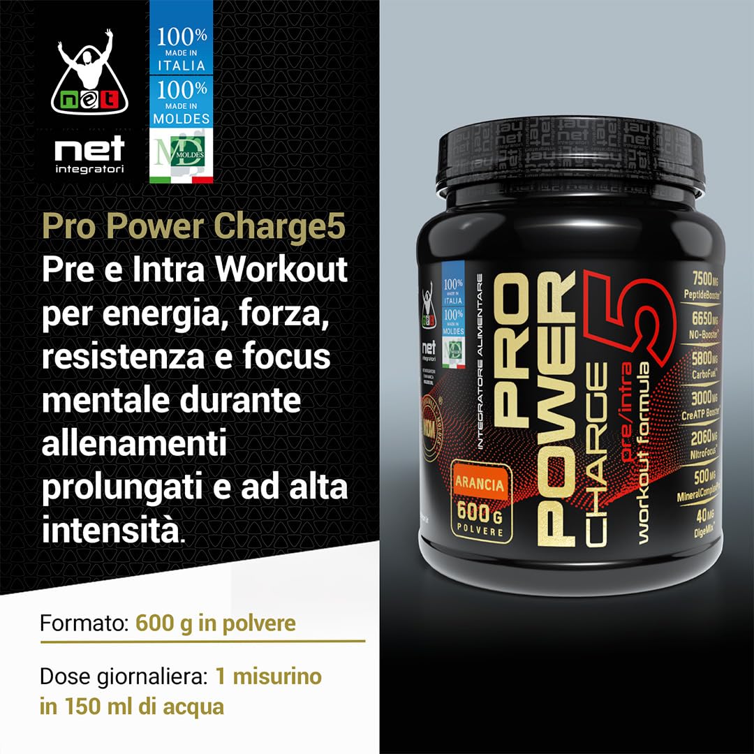 Net Integratori PRO POWER CHARGE 5 – Gusto Arancia 600g – Integratore Pre e Intra Workout con Aminoacidi Creatina e Carboidrati a rilascio differenziato e Vitamine B3 e B5 (Quali®-B)