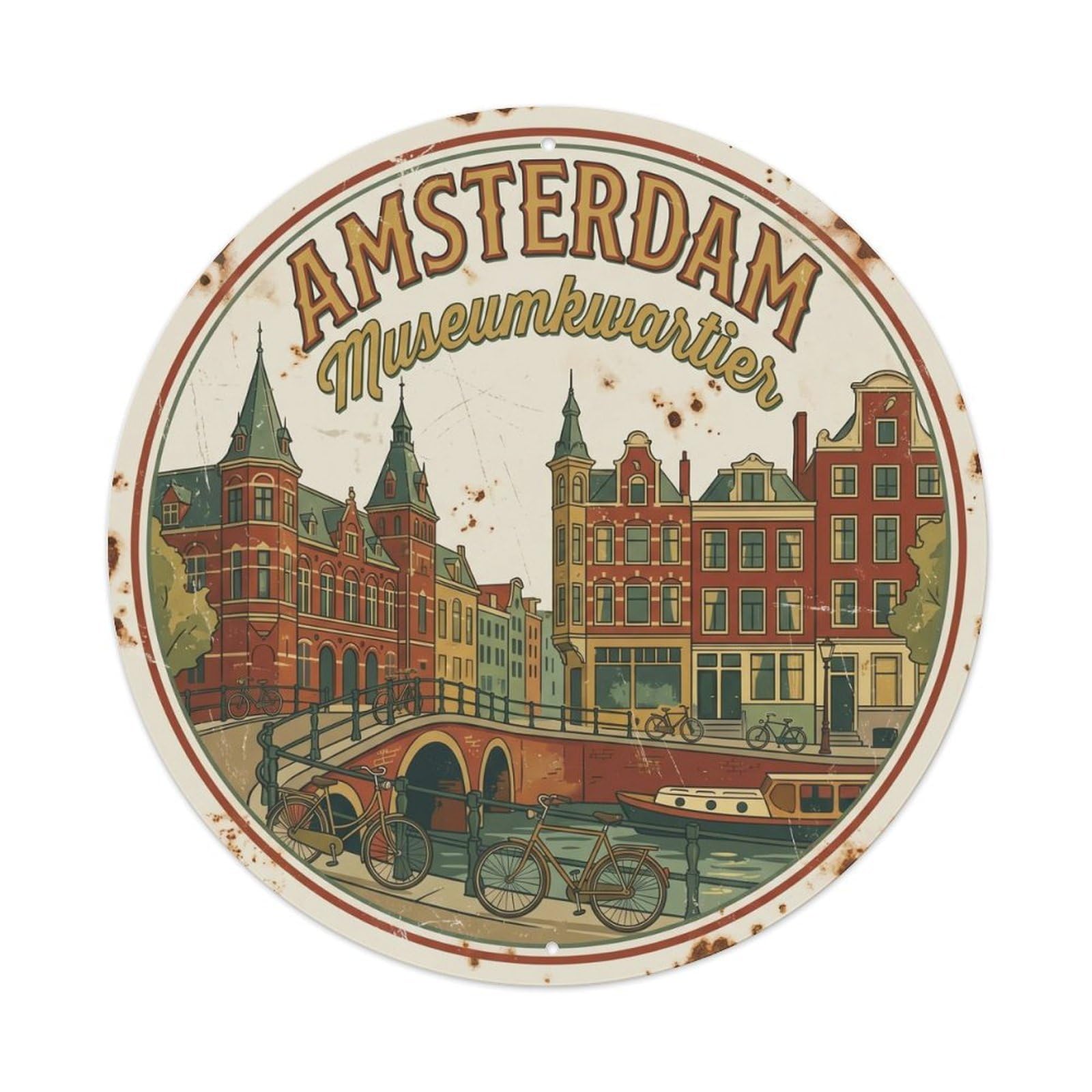 Vintage Travel Amsterdam Museum District Metal Tin Sign Plaque Wall Decor for Cafe, Club Bar, Office, Home Garden Round Metal Poster 8x8Inch